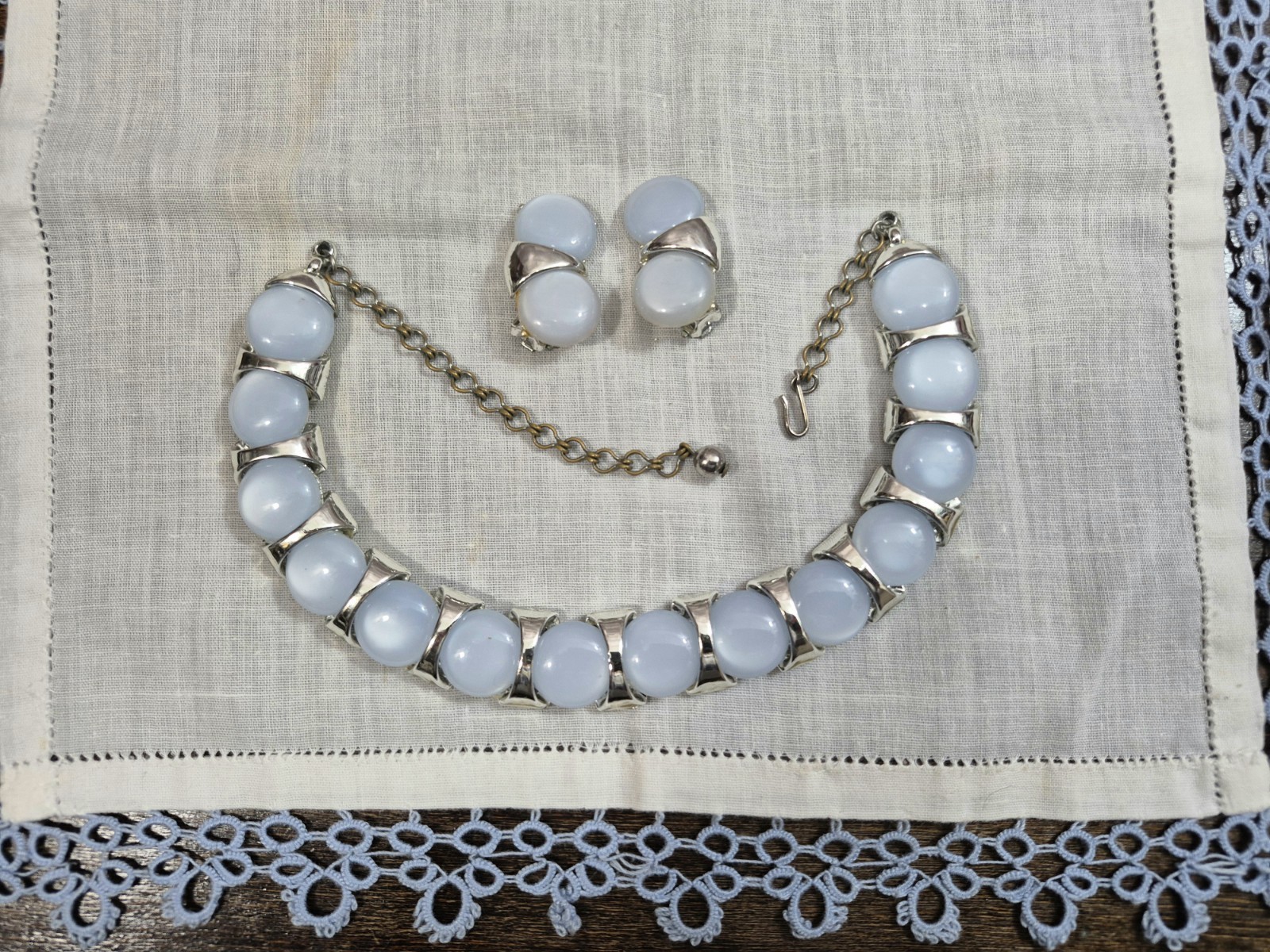 Vintage Coro Thermoset Lucite Moon Glow Choker Necklace & Clip Earrings Set 1950