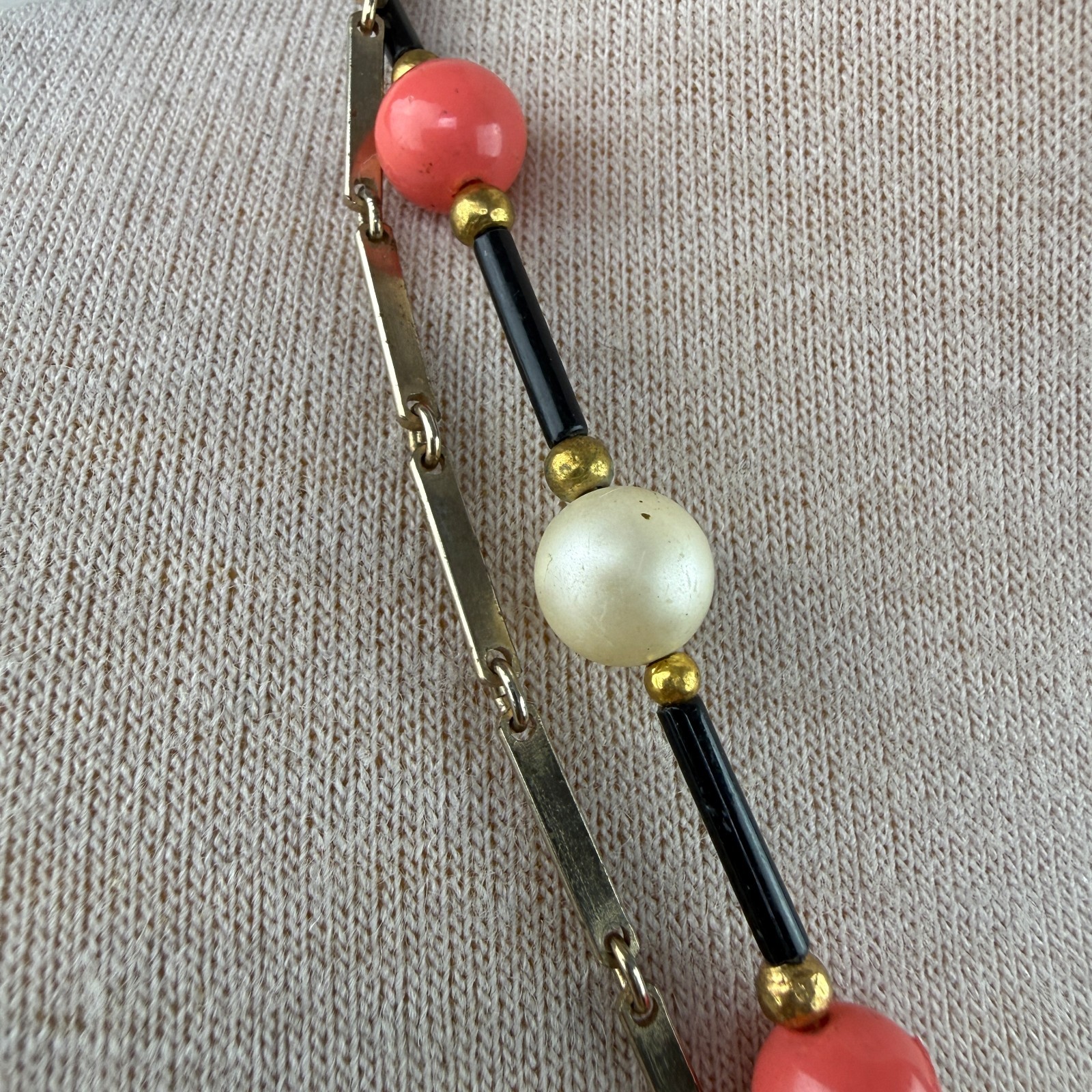 Vintage Two Strand Pink, Faux Pearl, Black Gold Tone Chain Necklace 22.5″