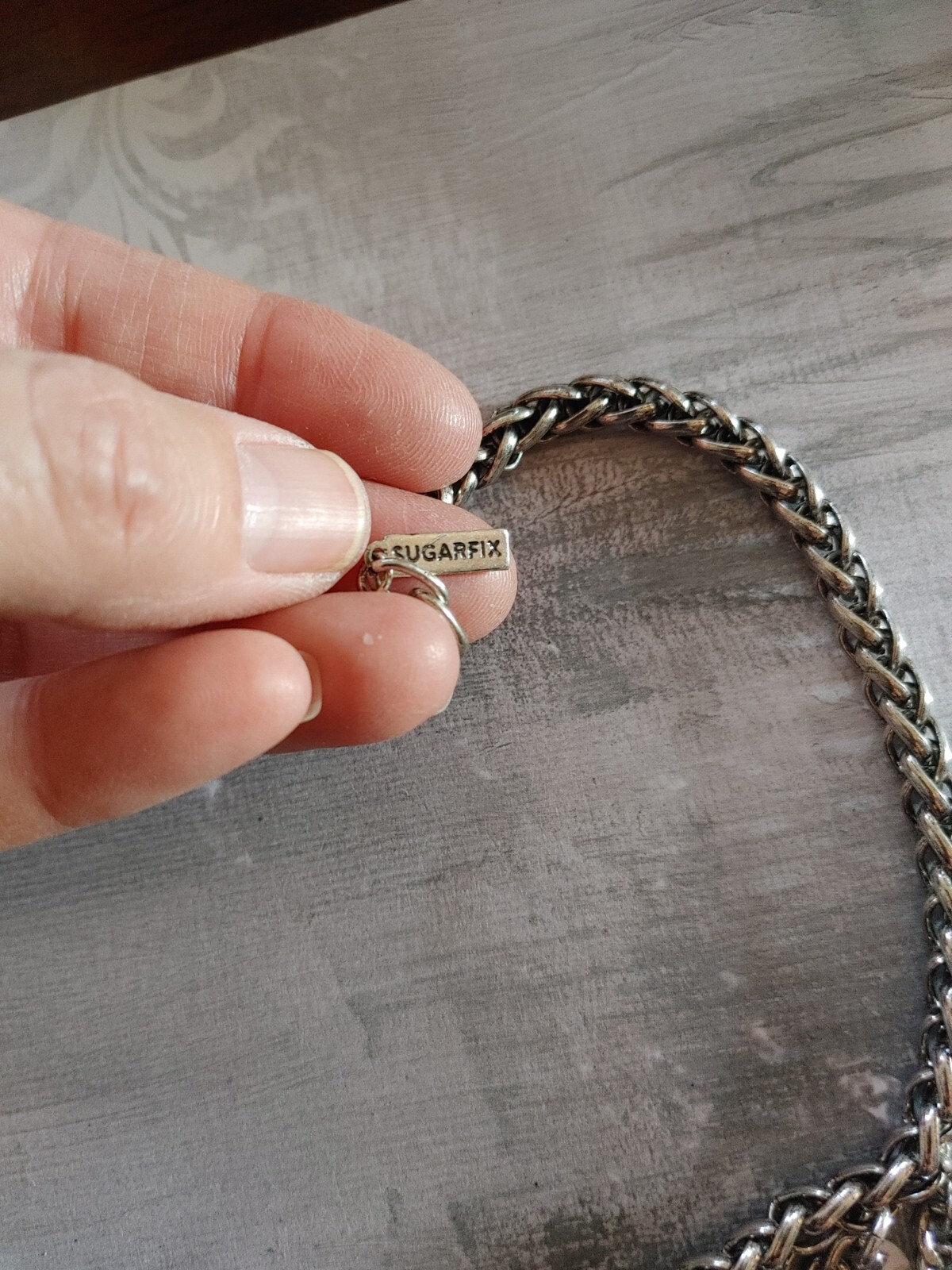 Vintage necklace silver metal chain acrylic rhinestone bib signed Sugarfix