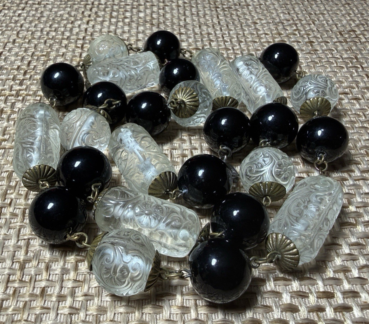 Vtg Molded Pressed Glass Bead Necklace Embossed Floral Art Deco Black Clear