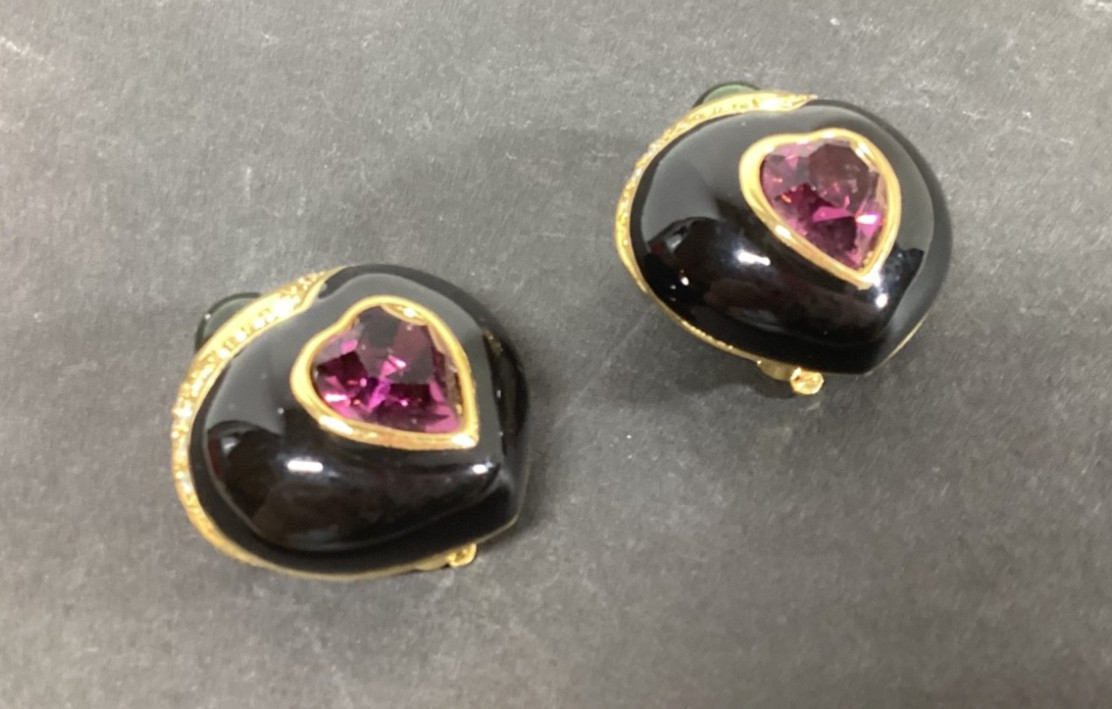 Joan Rivers Clip-On Heart Earrings Pink and Green Crystals Black Enamel 1″