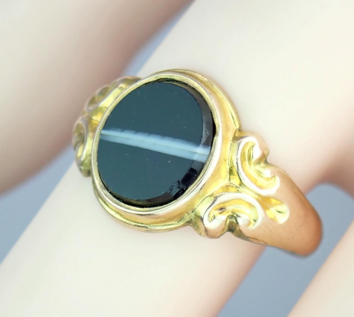 Fine Antique Edwardian Solid 9K Rose Gold Banded Agate Signet Pinky Ring 1904 8
