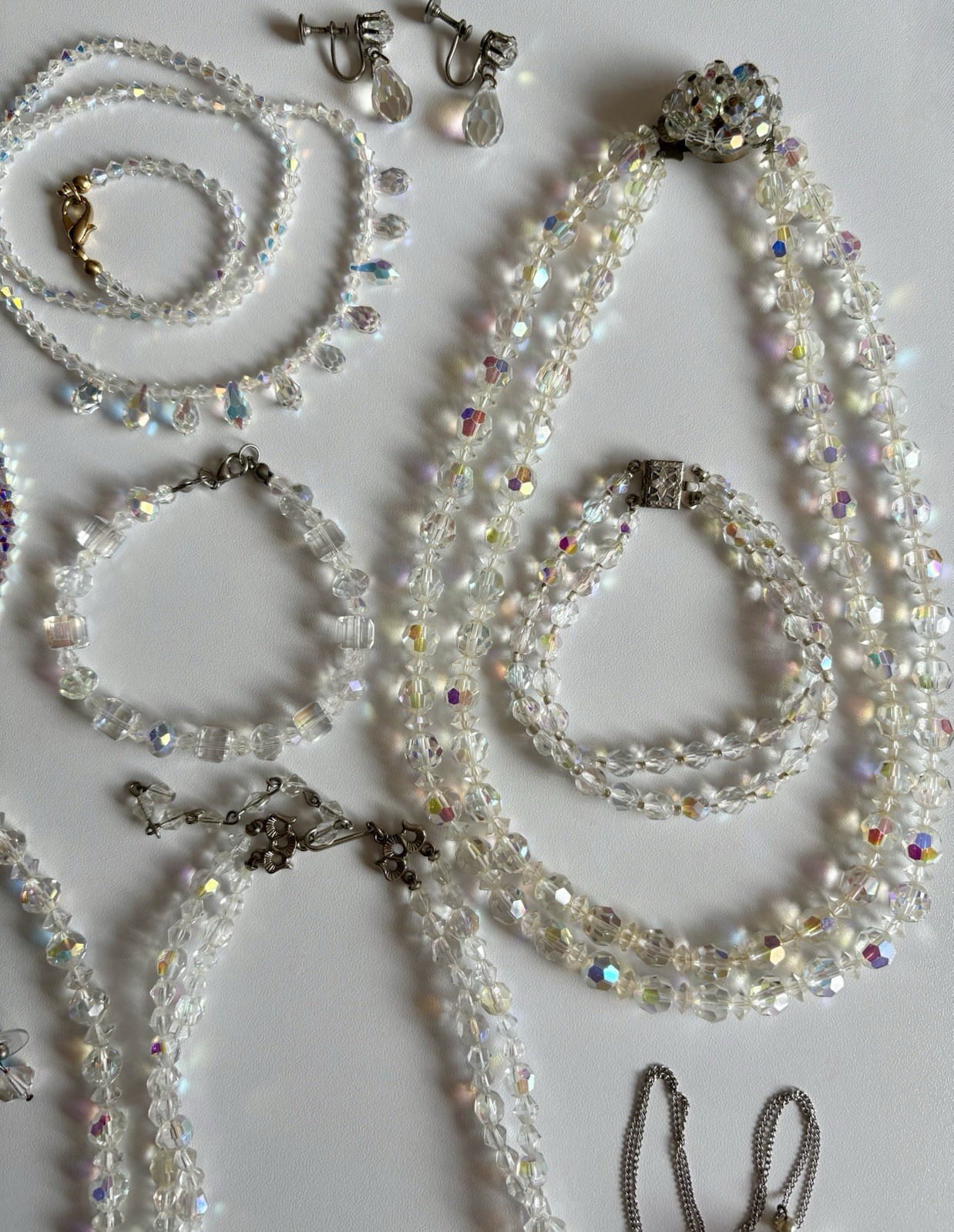 Vintage Crystal Aurora Borealis Necklace Bracelet Earrings Brooch Pin Ring Lot