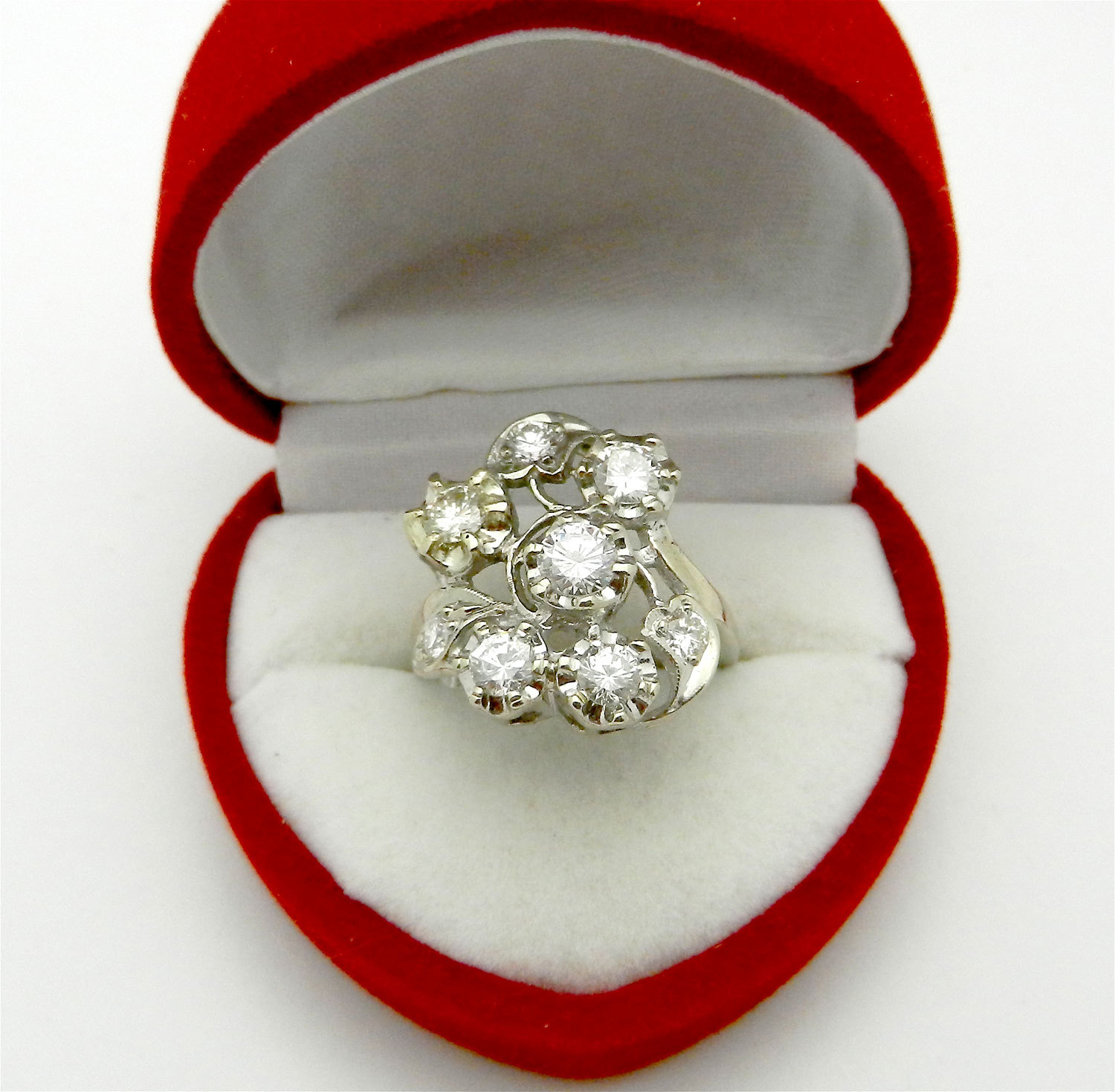 Vintage Art Deco 14k White Gold Cluster Natural Diamonds 1.25 ct Cocktail Ring