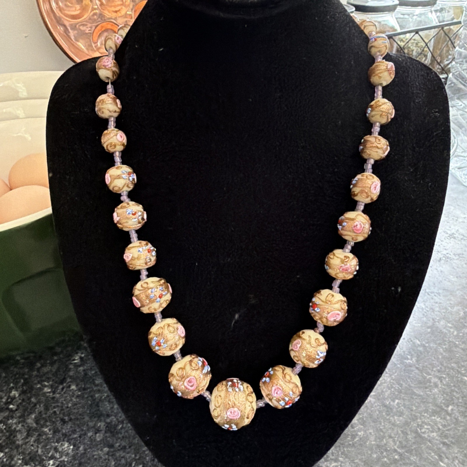 Vintage Murano Venetian Art Glass Necklace, Wedding Cake beads Ivory Gold Pink!