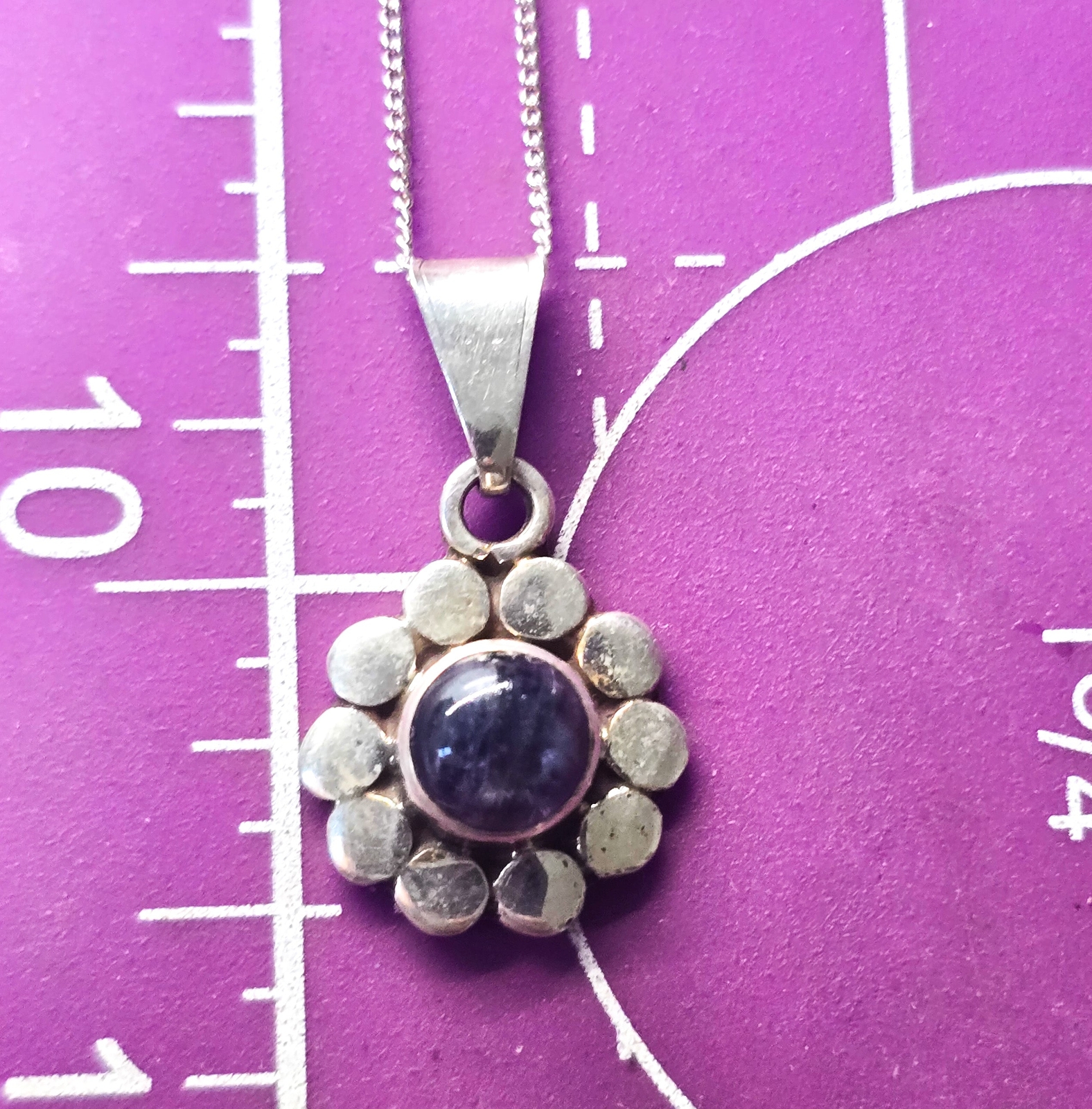 Iolite blue gemstone vintage flower petite sterling silver pendant necklace