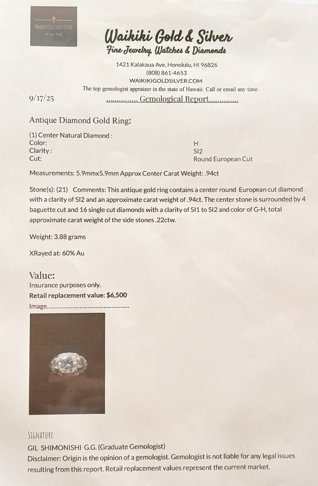 GG Certified 14K Gold 0.94ct Old European Diamond 0.22ctw Accents Sz 9 Ring 3.8g