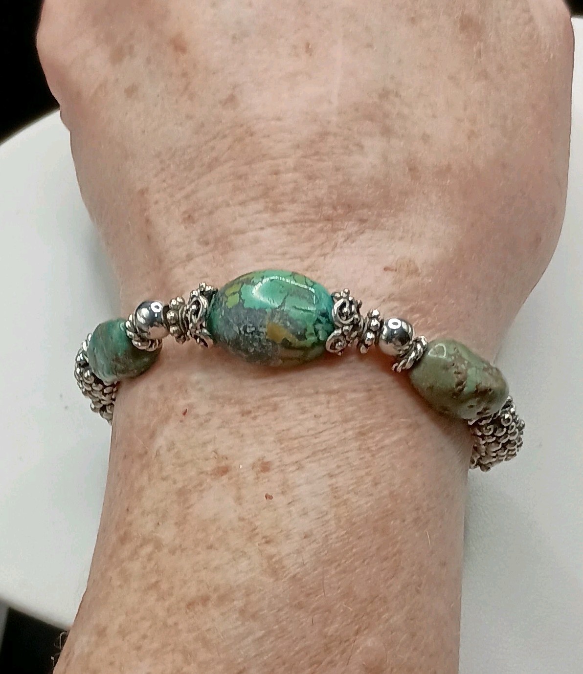 Vintage Green Turquoise Nugget Silver Bracelet Sz 7.75 Untested Popcorn Bead 40g
