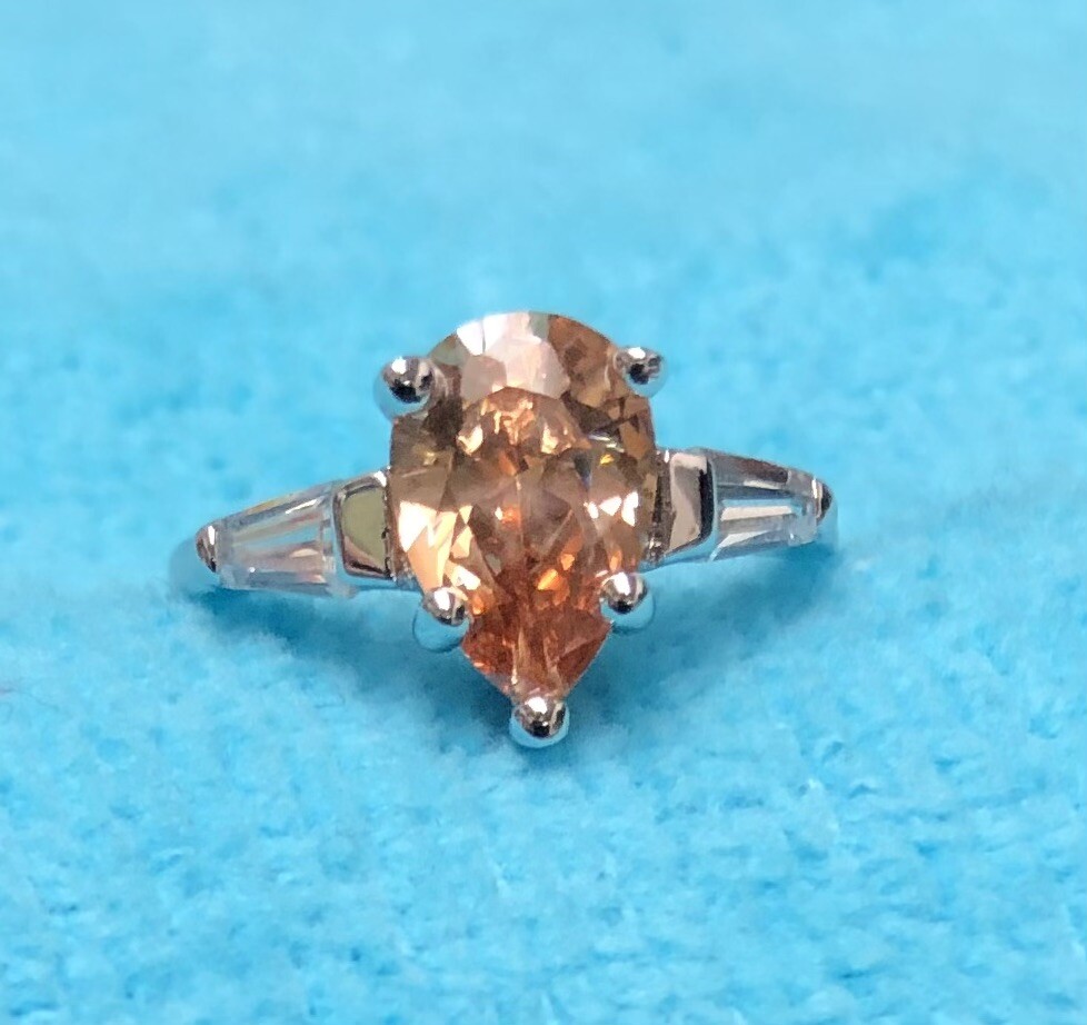 Sterling Silver – Amber Citrine Color Pear Shape Cubic Zirconia Shiny Band Ring