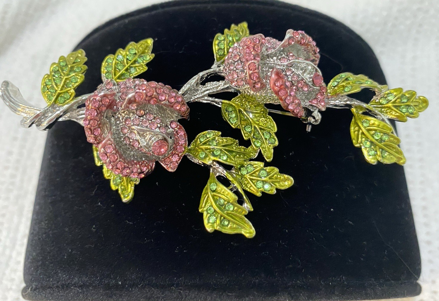 Stunning Large Vintage Pink And Green Sparkling Stones Flower Brooch