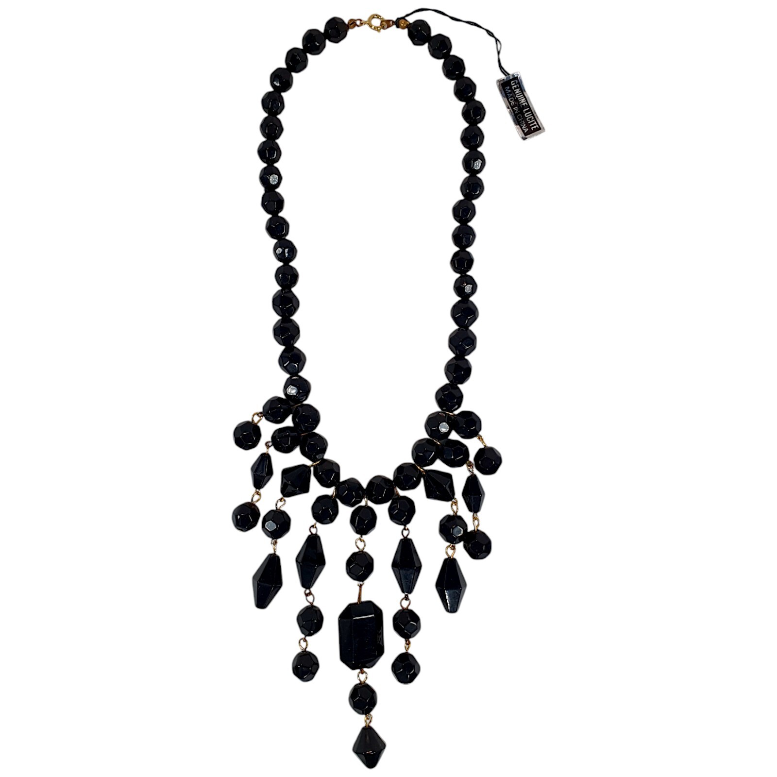 Vintage Jeweled Black Beaded Lucite Dangle Fringe Bib Choker Necklace 16″
