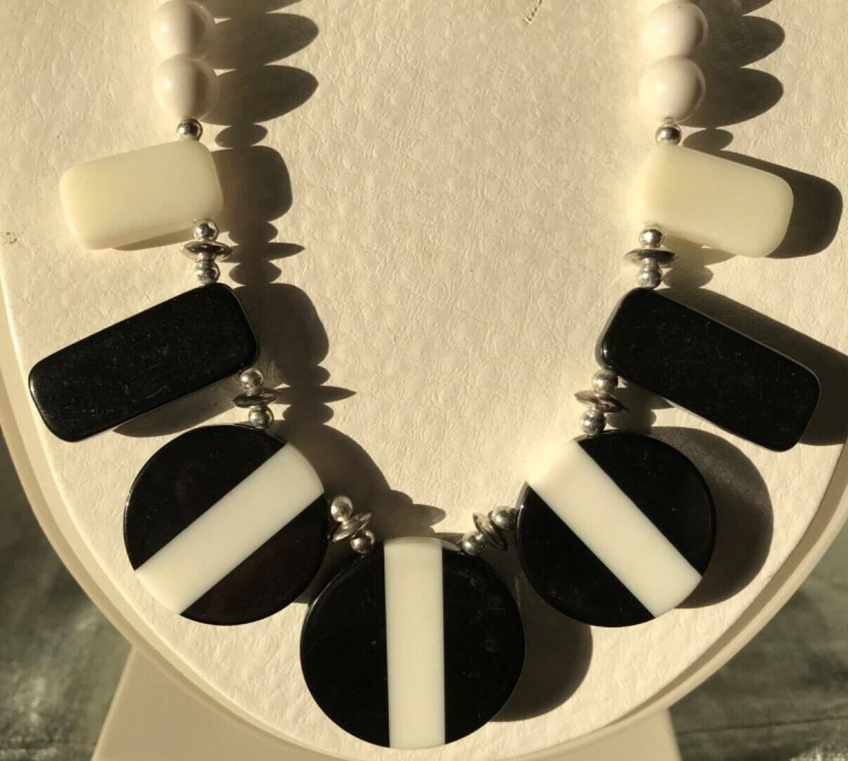 Vintage White Black Mod Plastic Bead Necklace