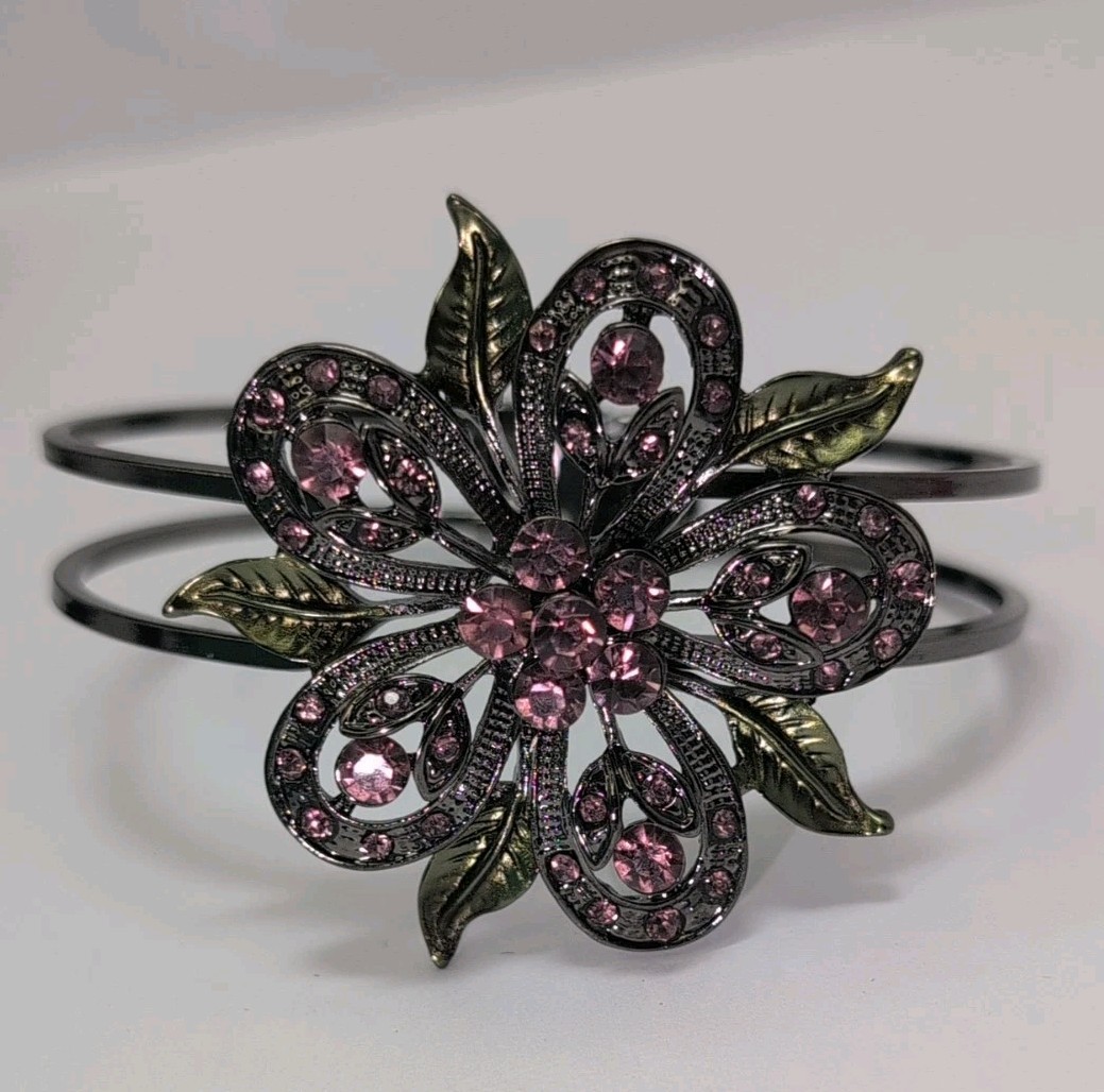 Vintage Bangle Bracelet Sparkly Jeweled Pink Flower 2.5″With Closing Hinged Cuff