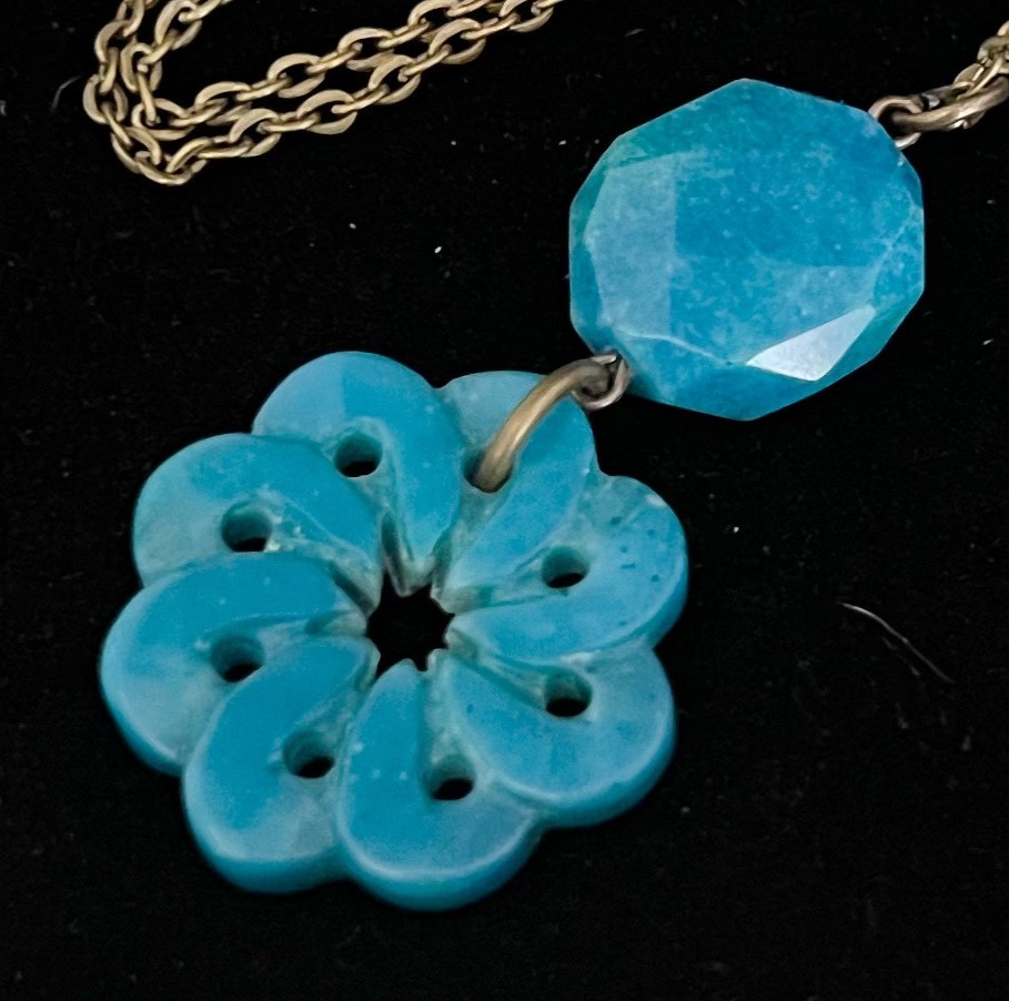 Artisan Necklace Large Carved Teal Wheel of Life Gemstone Pendant