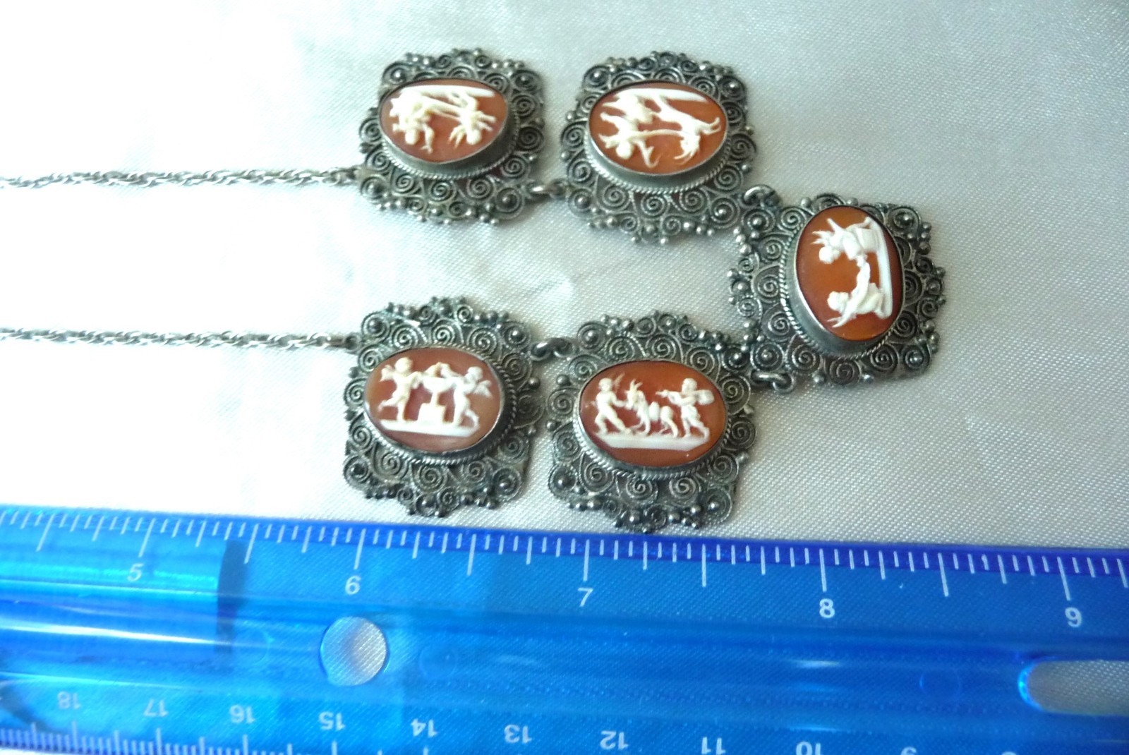 FABULOUS RARE ANTIQUE STERLING 800 SHELL CAMEO CANNETILLE CUPID CHARIOT NECKLACE