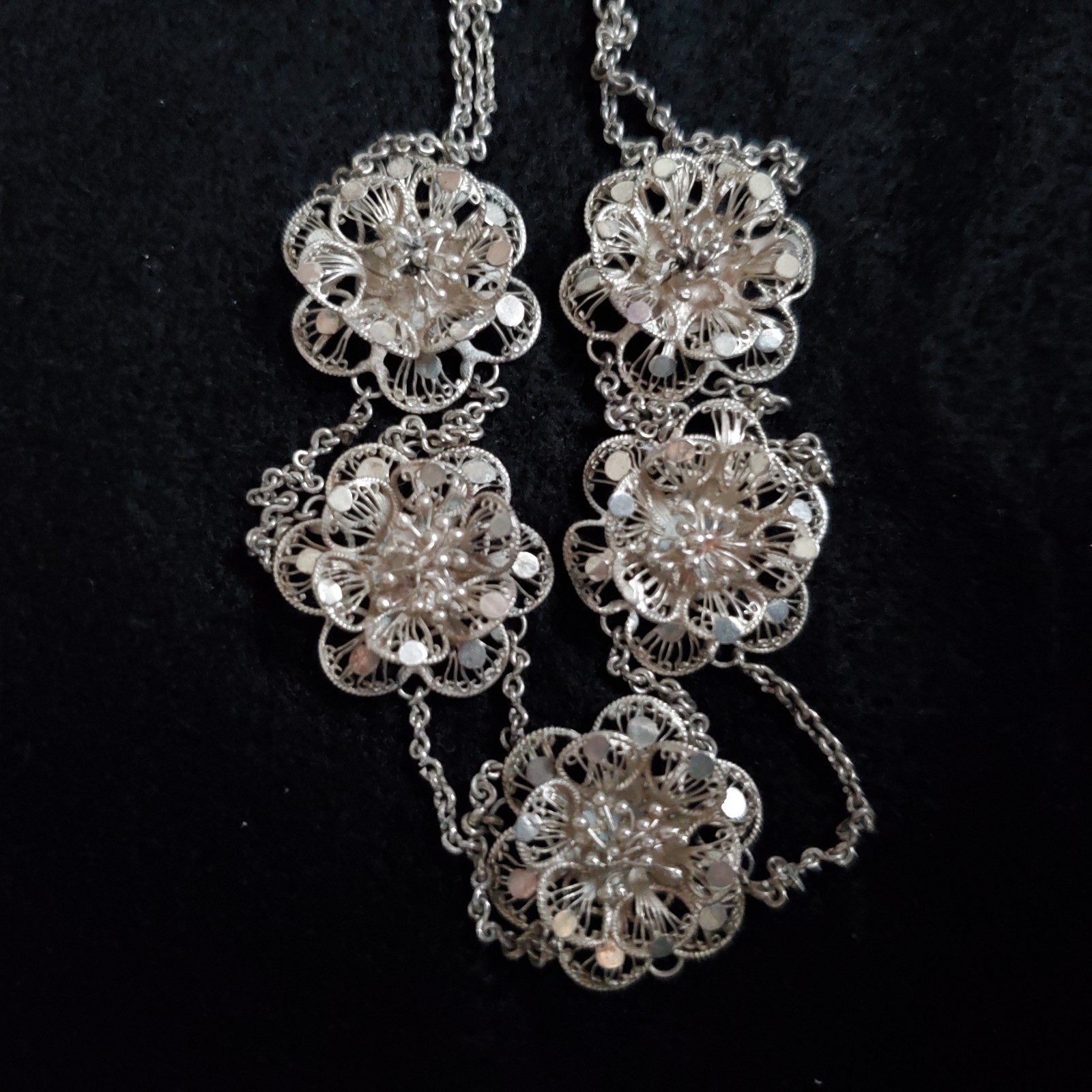 Sterling Silver Cannetille Filigree Necklace Floral Station Swag Choker 15″