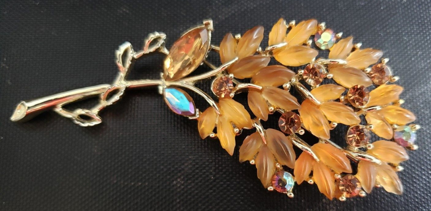 Vintage Lisner Peach Molded Leaves AB & Taupe Rhinestones Gold Tone Brooch