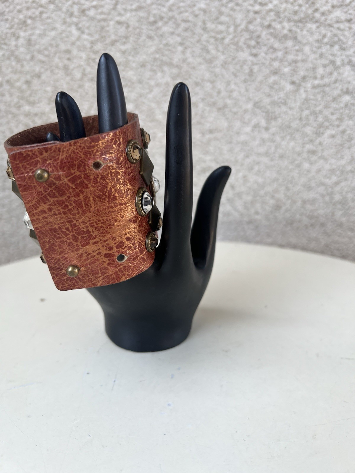 Vtg Cuff Bracelet Leather Rustic Rhinestone Metal S/M Streets Ahead