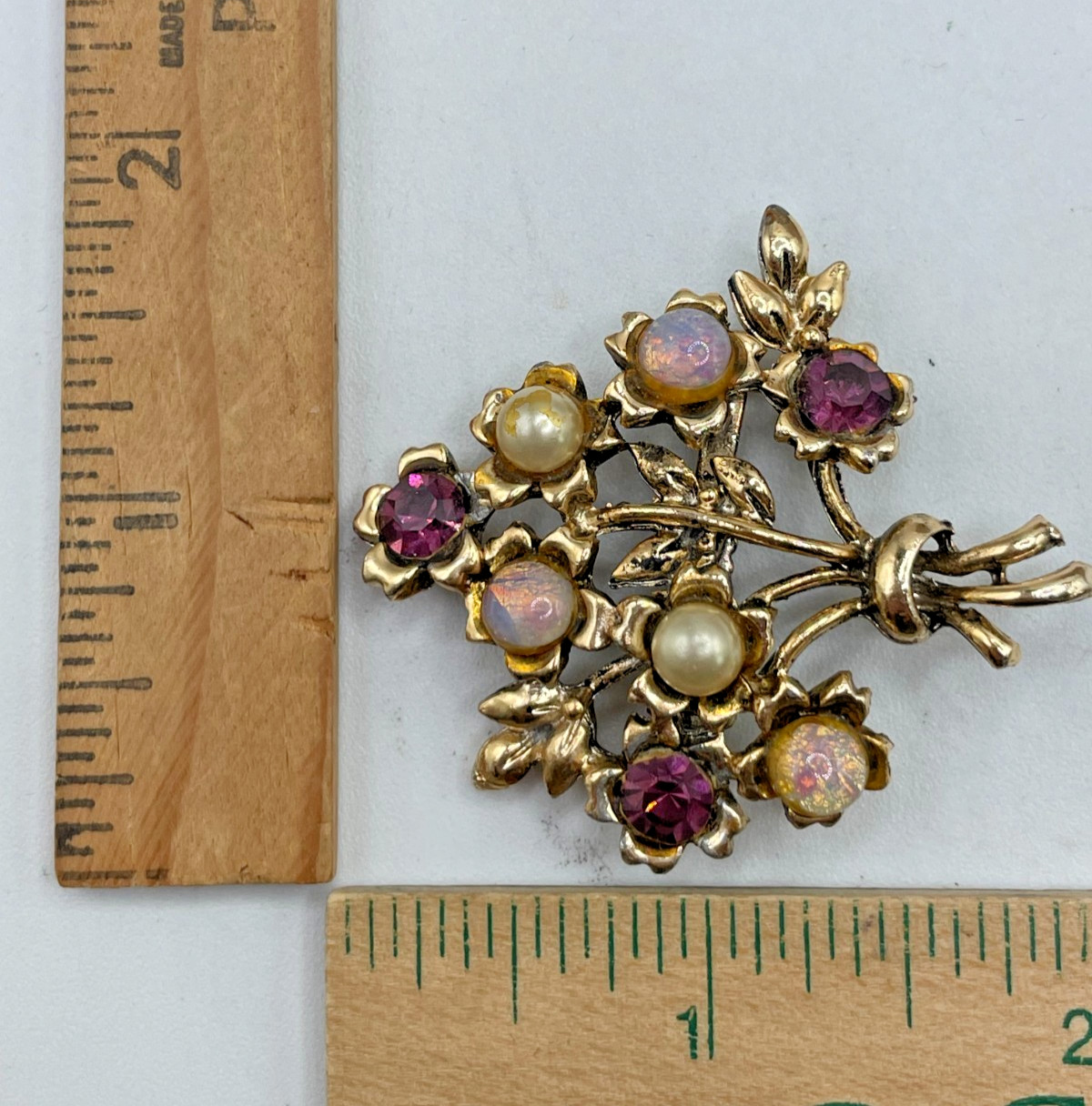 VTG MCM Gold-tone Floral Bouquet Faux Opal Pearl rhinestone brooch
