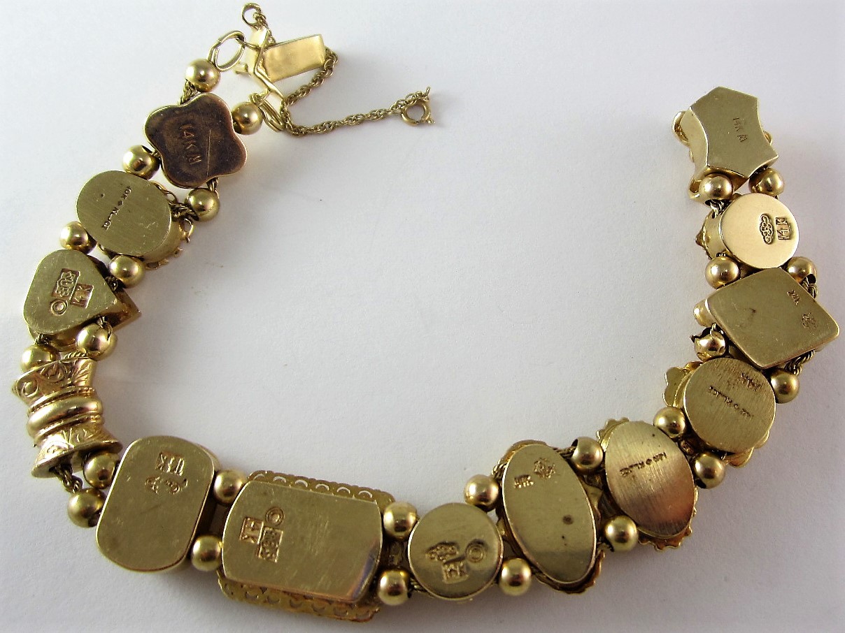 14K RICHARD KLEIN KLJCI GEMSTONE 13-SLIDE CHARM BRACELET 43.1G