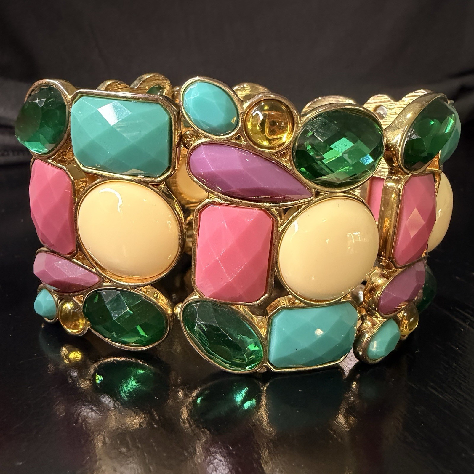Vintage Gold Tone Faux Cabochon Bracelet Multicolor Ornate Linked Panels A1