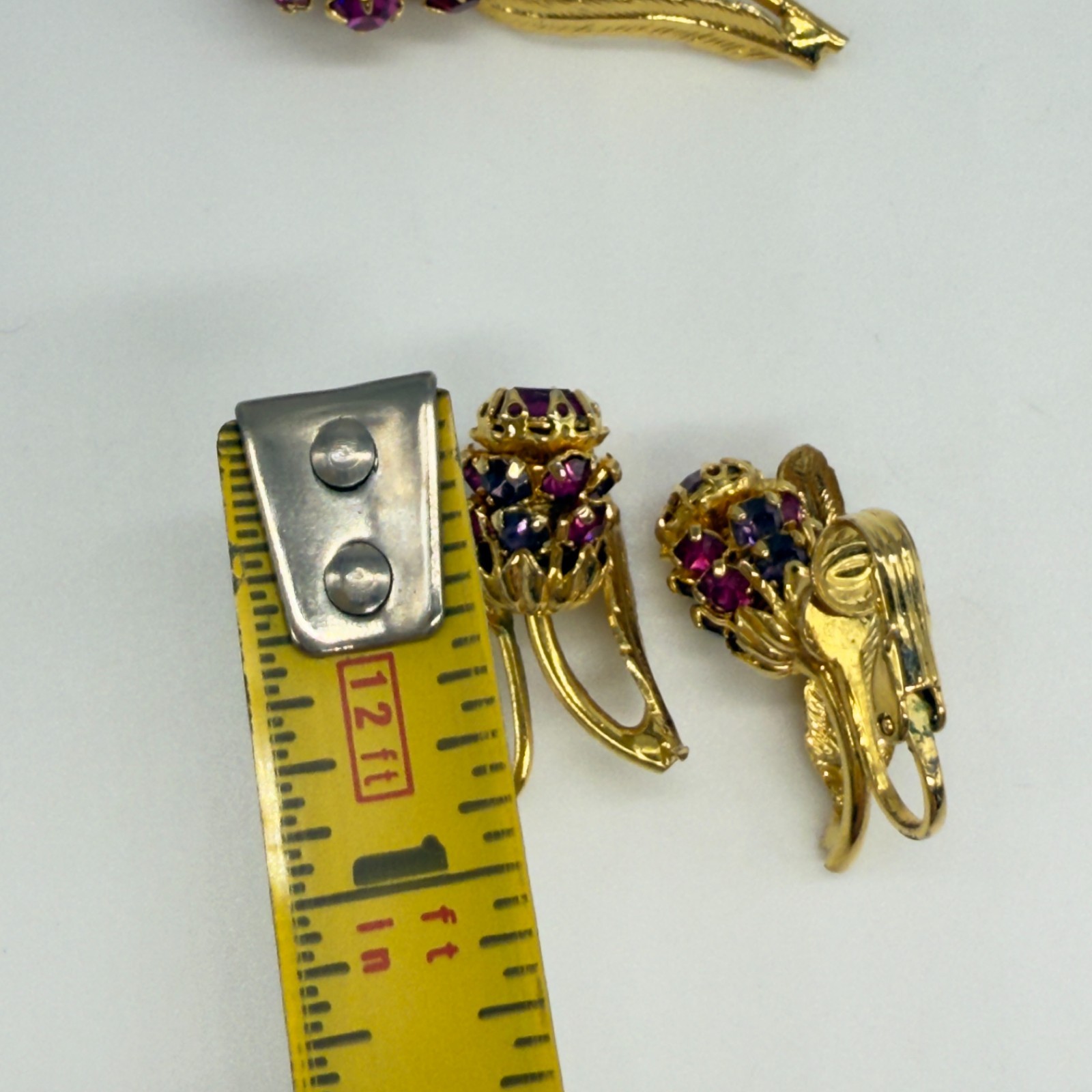 Vintage Flower Brooch and Earring Set Pink Red Rhinestones Gold Tone Clip Ons