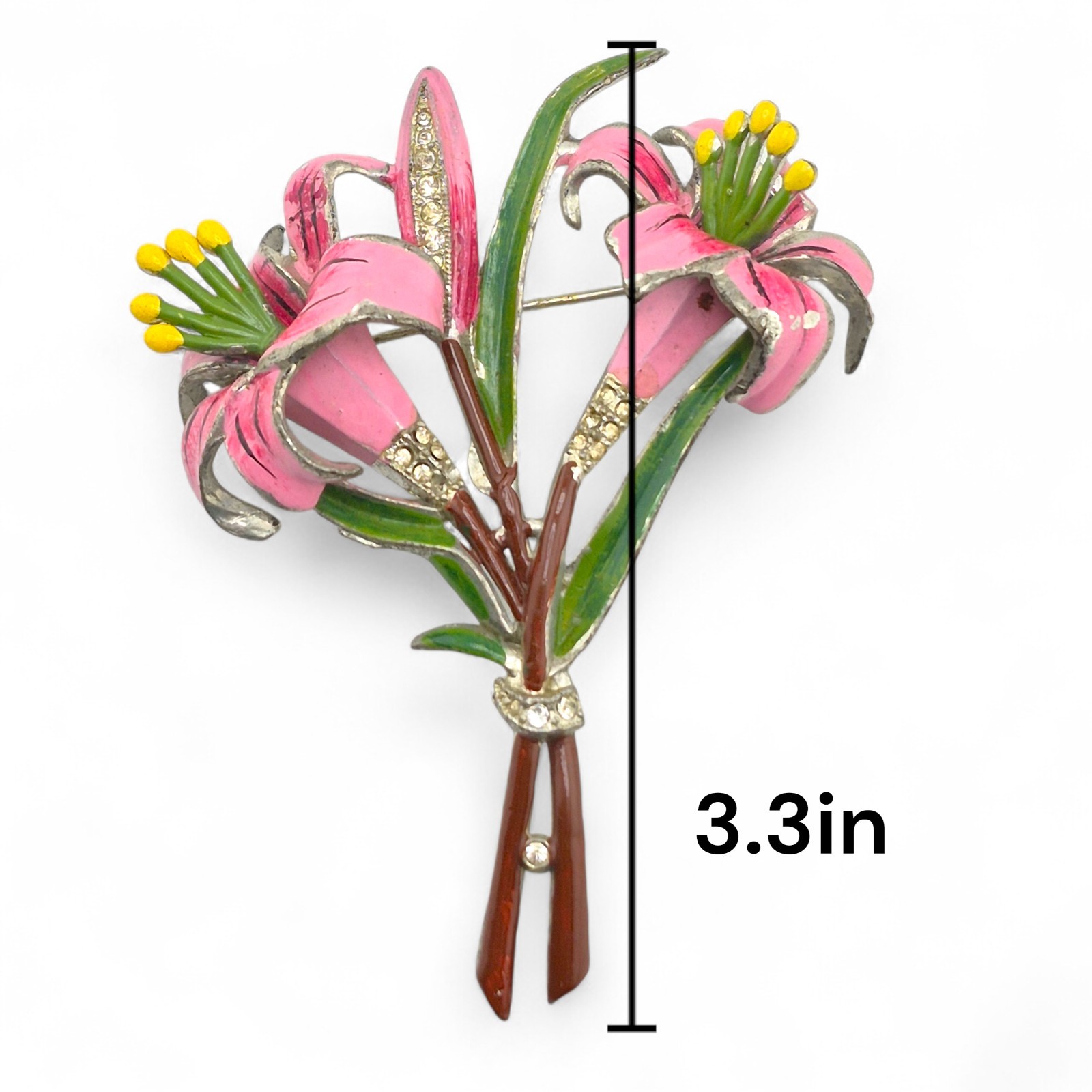 Vintage Coro Trembler Brooch Pink Lily Flower Enamel & Rhinestone Unsigned 3.3in