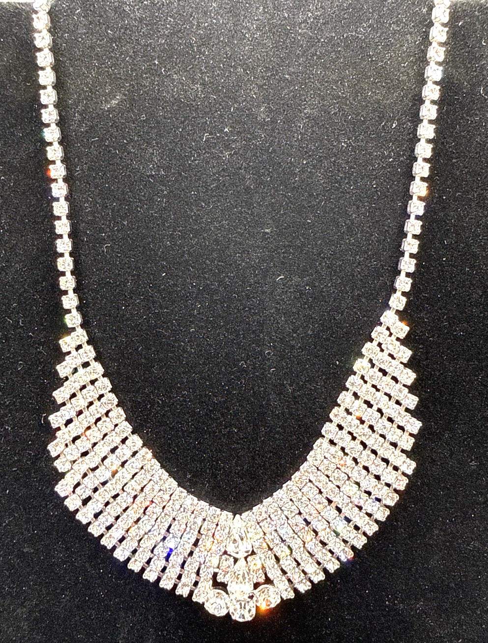 Vintage Rhinestone Fringe Bib Necklace Silver Tone Statement Necklace 15”