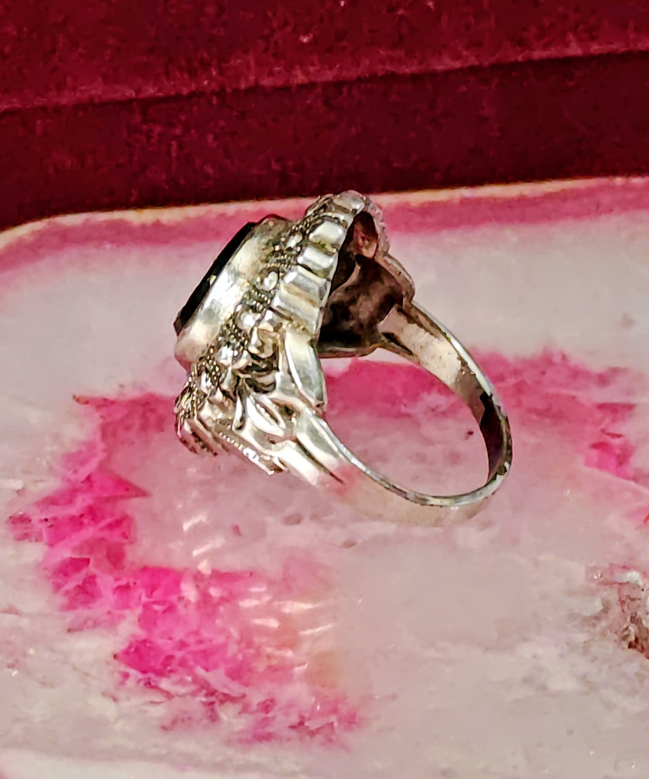 Vintage Art Deco Nouveau Black Onyx Spartan Silver Unmarked Ring Size 5