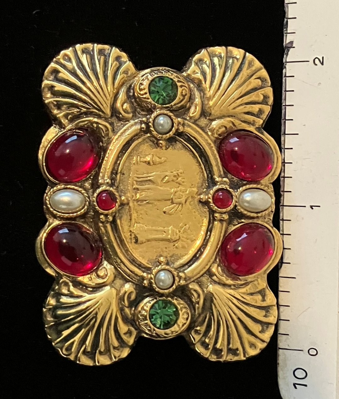 Vintage Egyptian Revival Brooch – Red Cabochon Faux Pearl Figural Medallion Pin