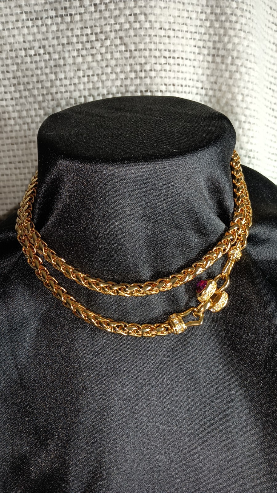 VTG Nolan Miller Chunky Red Cabochon Gold Tone Long Spiga Wheat Chain Necklace