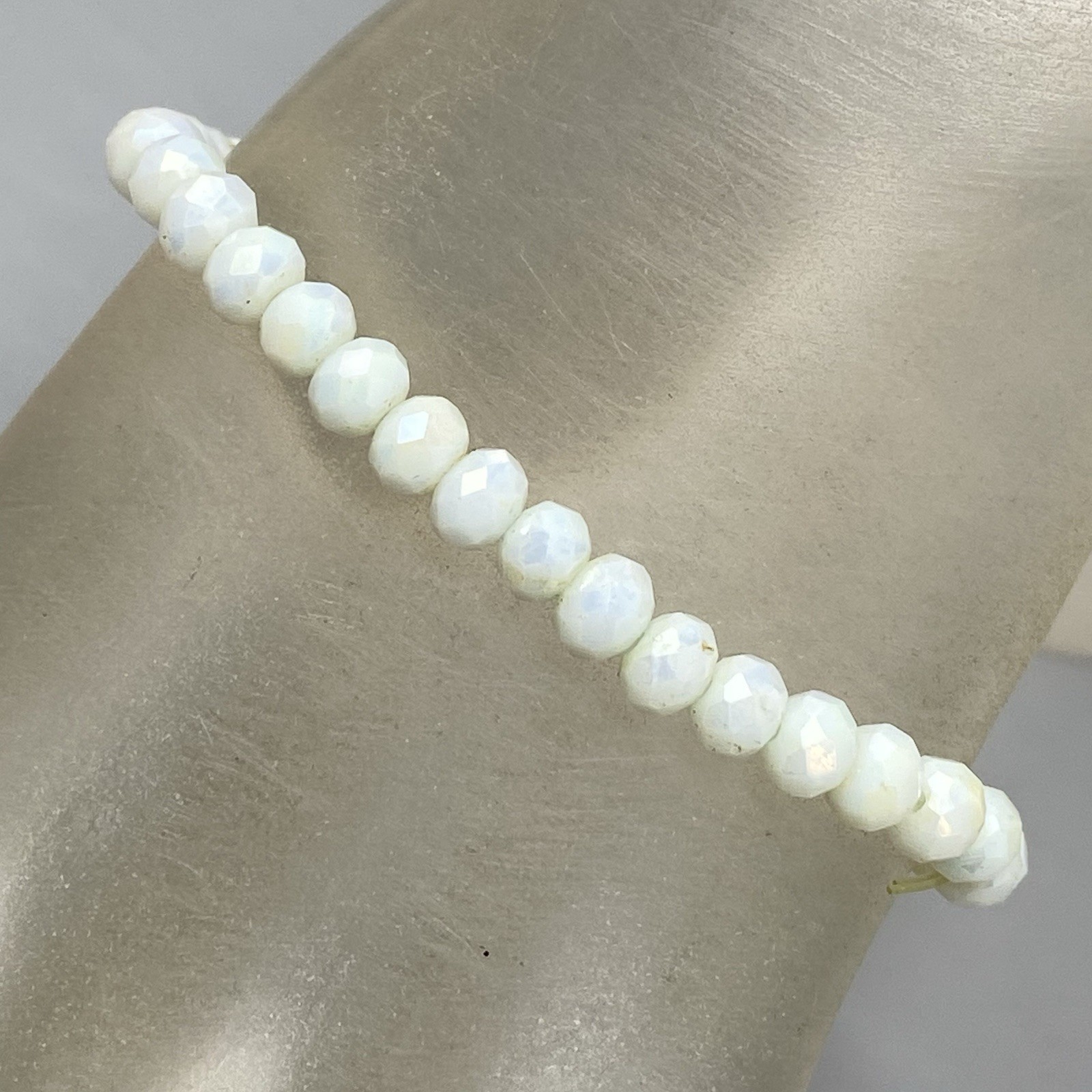 White Glass Bead Bracelet Stretch Faceted Fire Polished Surface Coated 7″
