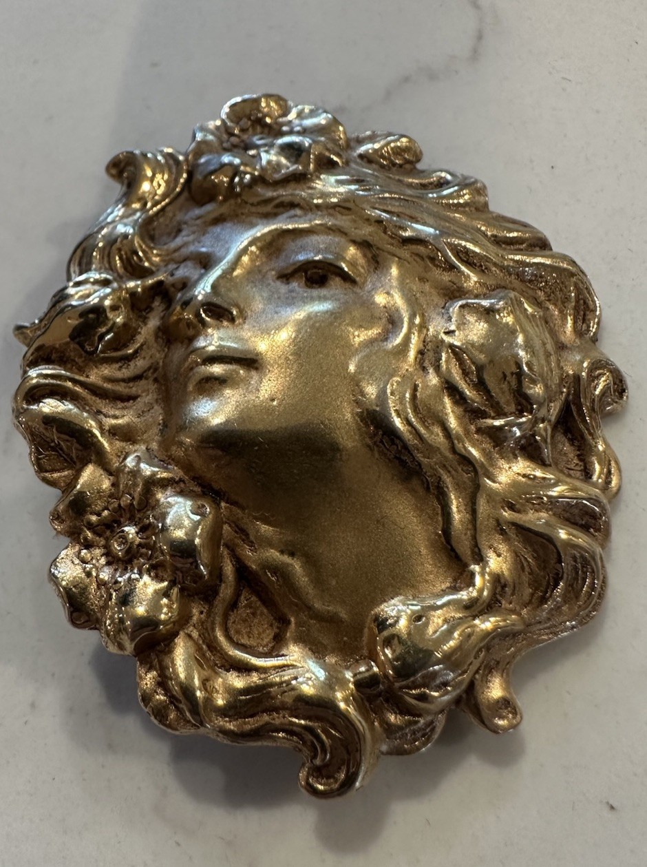 Vntg Art Nouveau/Jugendstil/Brass Woman’s Head Face/Poppy Flower Hair-Brooch/Pin