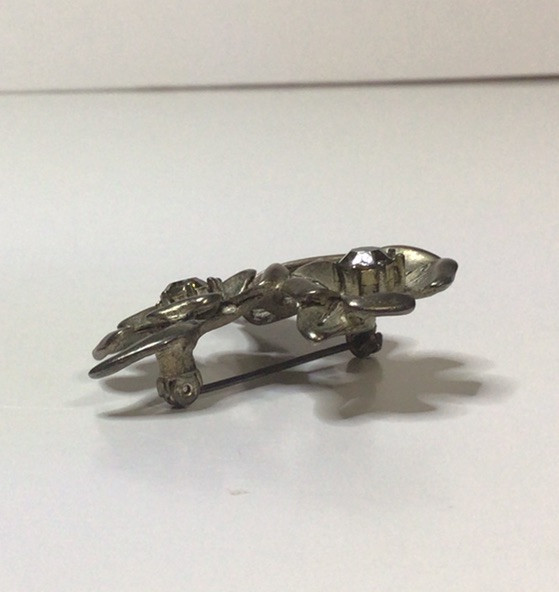 Pewter Flower With Clear Rhinestone Brooch Pin 2 Inches Long Vtg