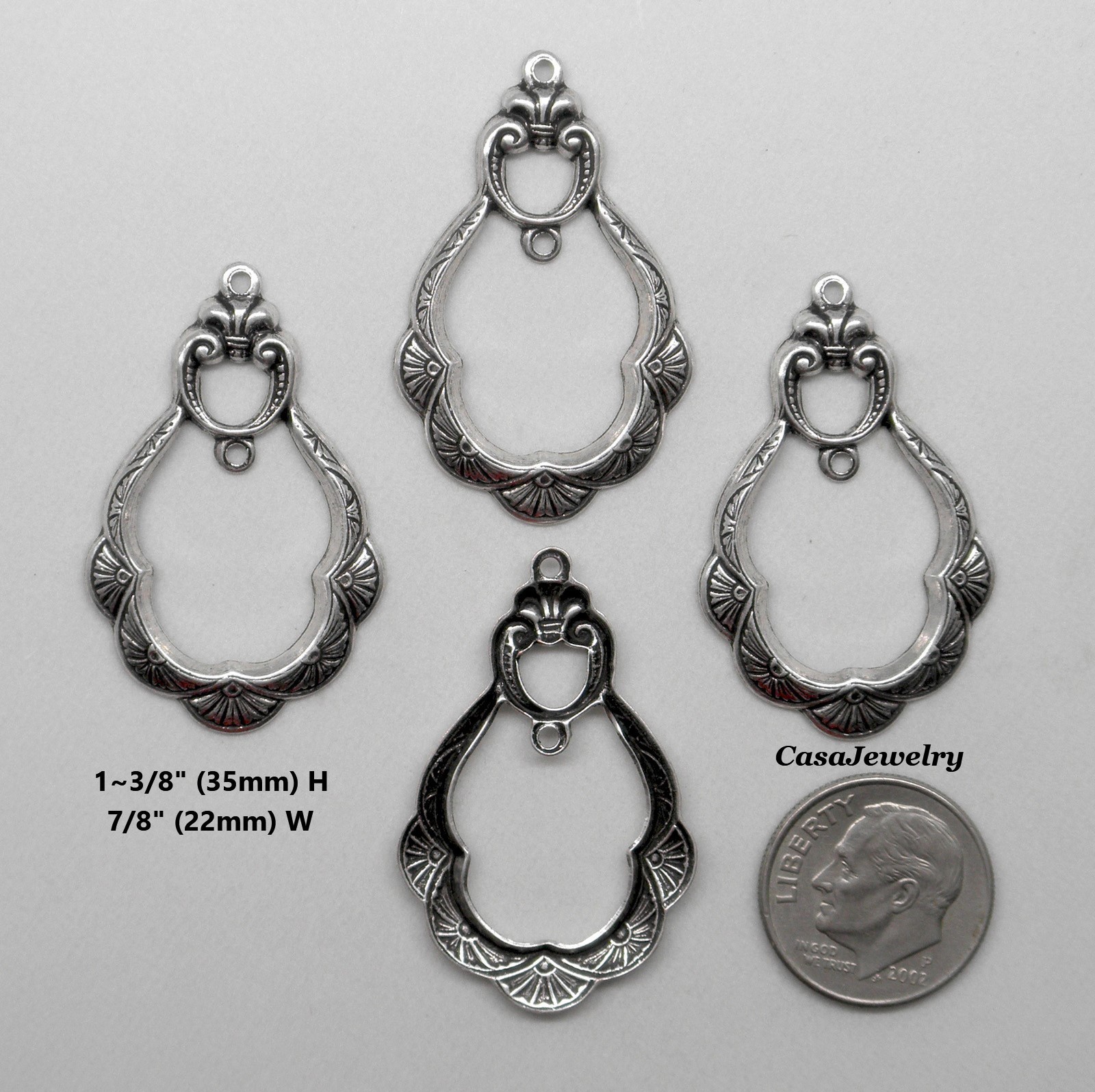 #1129 ANTIQUED .925 STERLING SILVER PLATED ER W/CENTER & TOP HANG RINGS – 4 Pcs