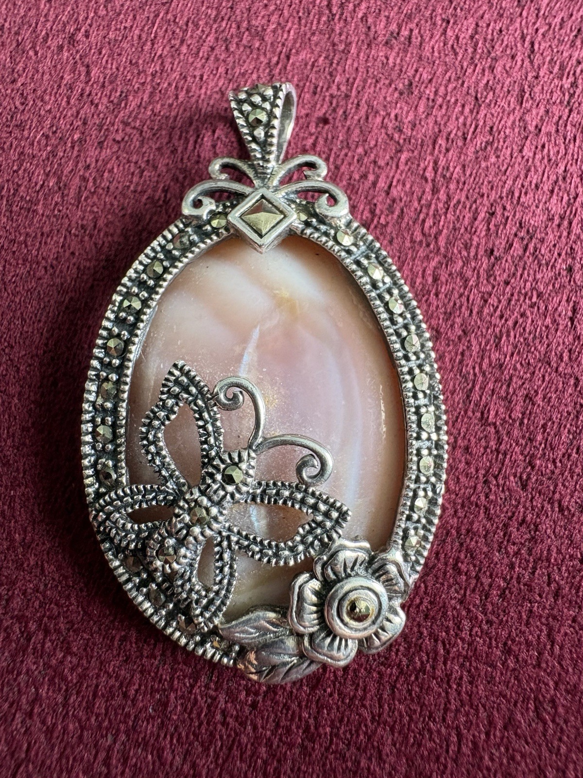 925 Sterling Silver Marcasite Mother of Pearl Butterfly Pendant Vintage
