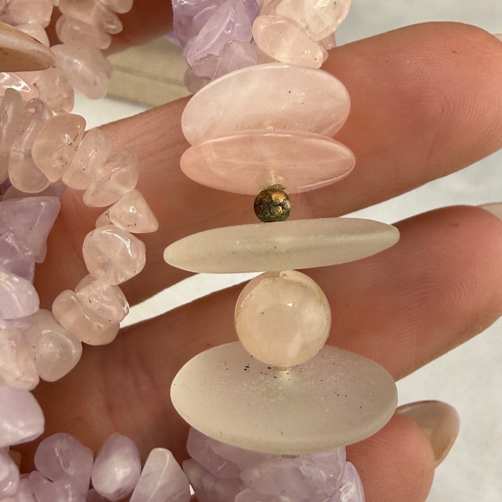 Vintage Polished Stone Beaded Necklace White Pink Purple Pastel 18”