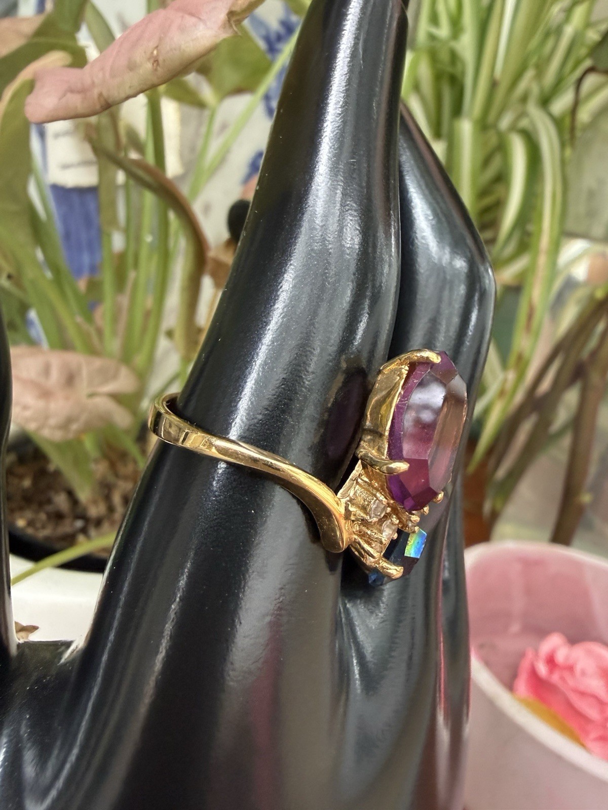 Vintage Multi stone Cocktail Ring Gold Plated Purple And Blue Cz Size 10