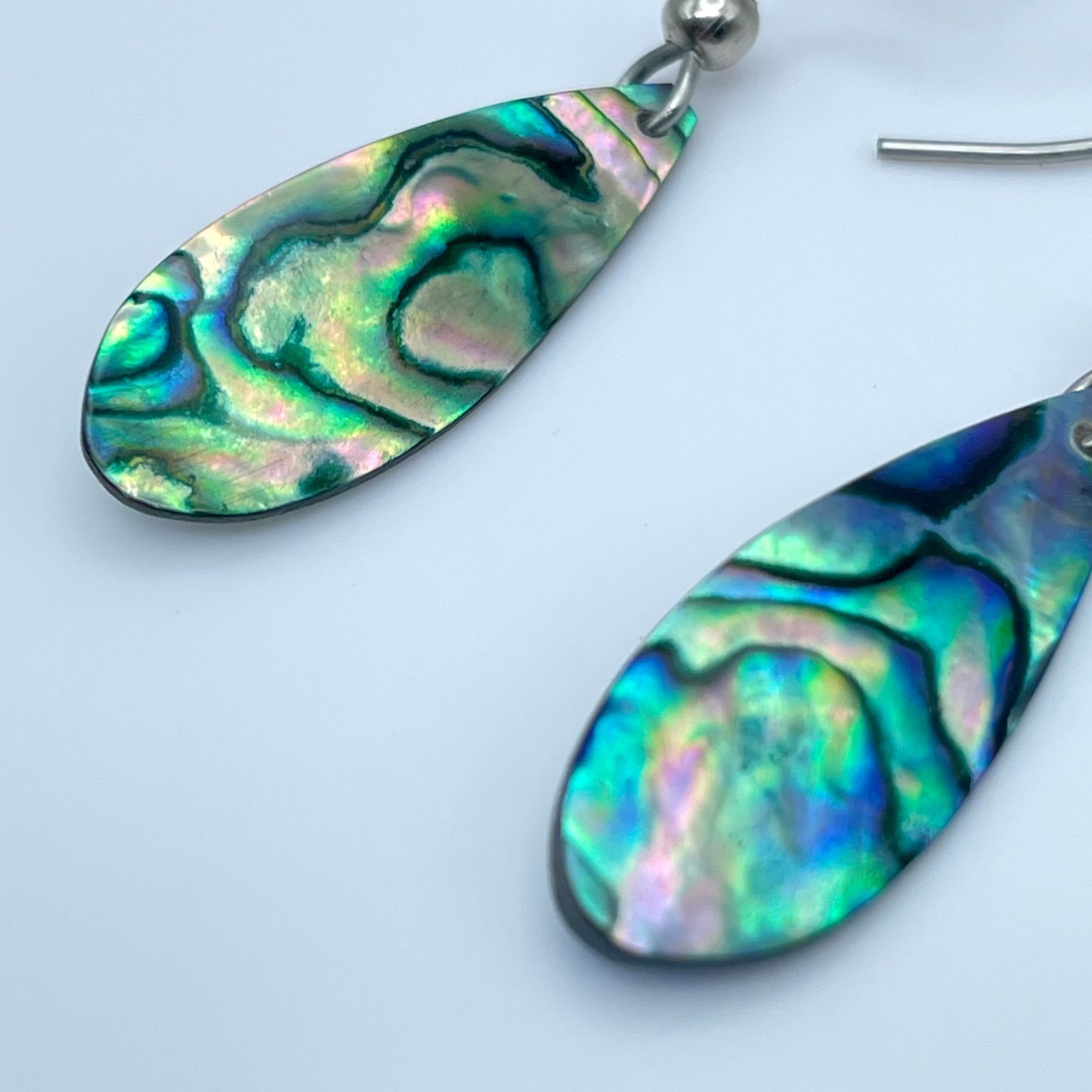 Vintage Silver-Tone Iridescent Paua Abalone Shell Teardrop Drop Hook Earrings