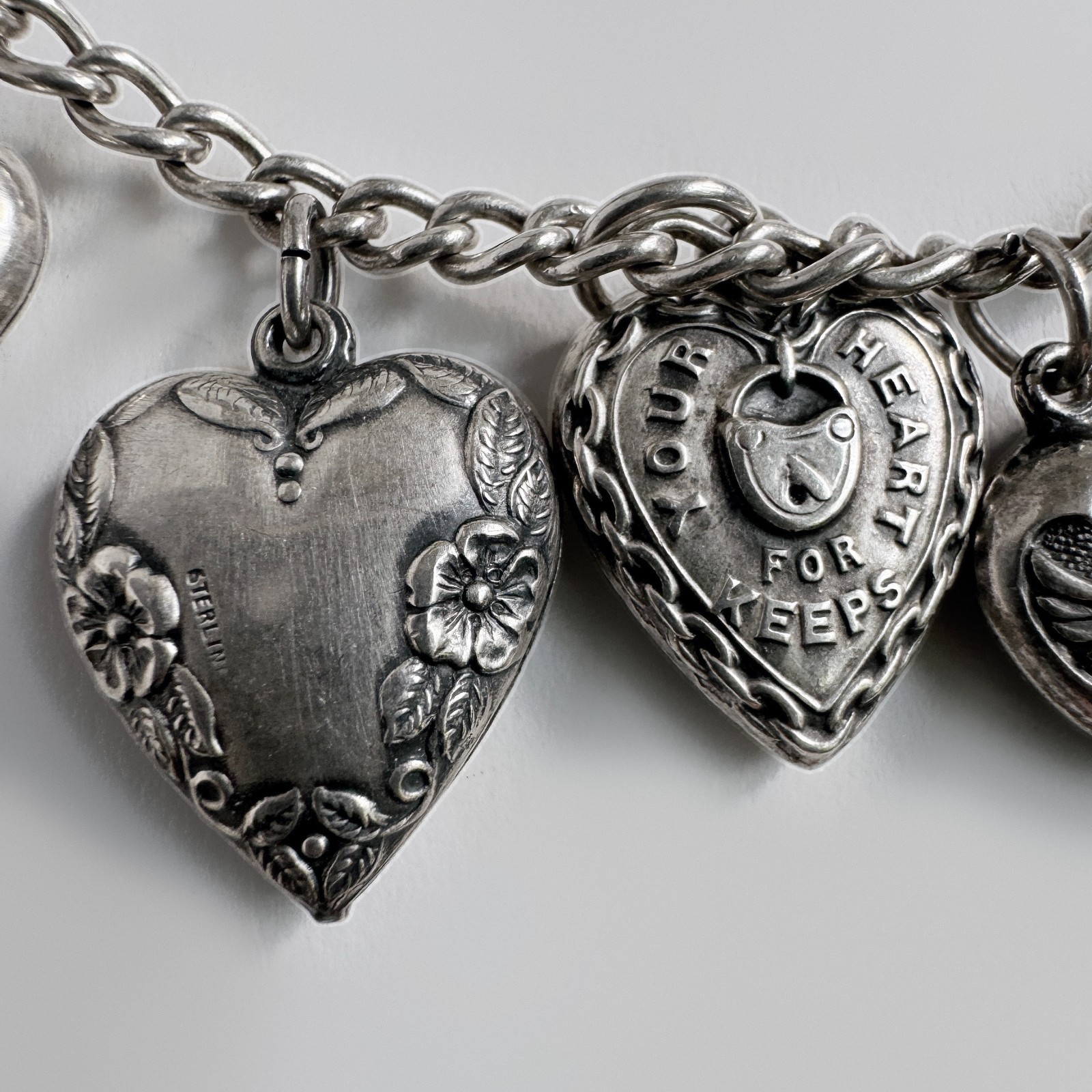 Vintage WWII Sterling Silver 925 Puffy Heart Sweetheart Bracelet w/ 14 Charms