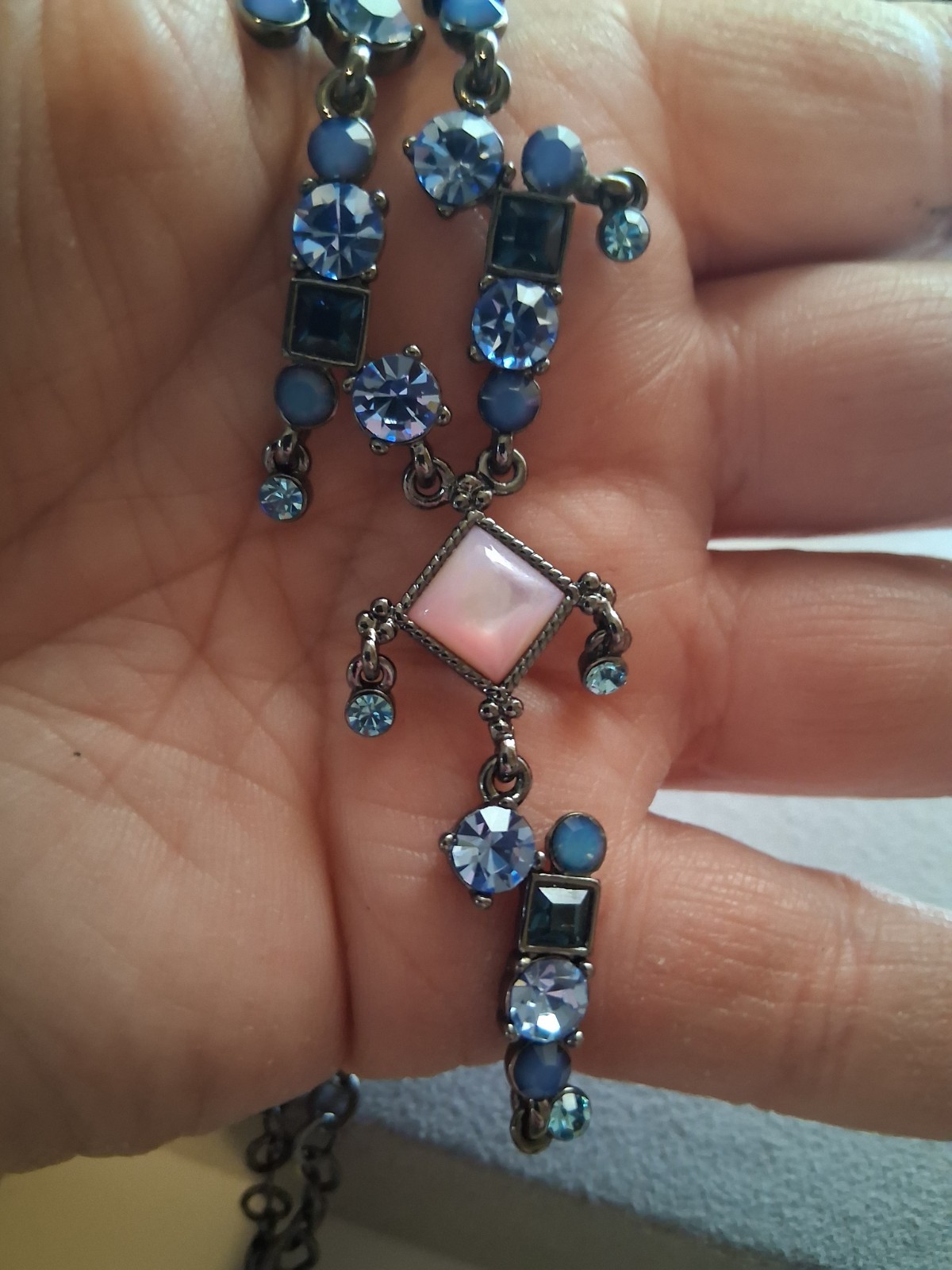 90’s pink moonglow & blue crystal festoon style necklace & dangle drop earrings