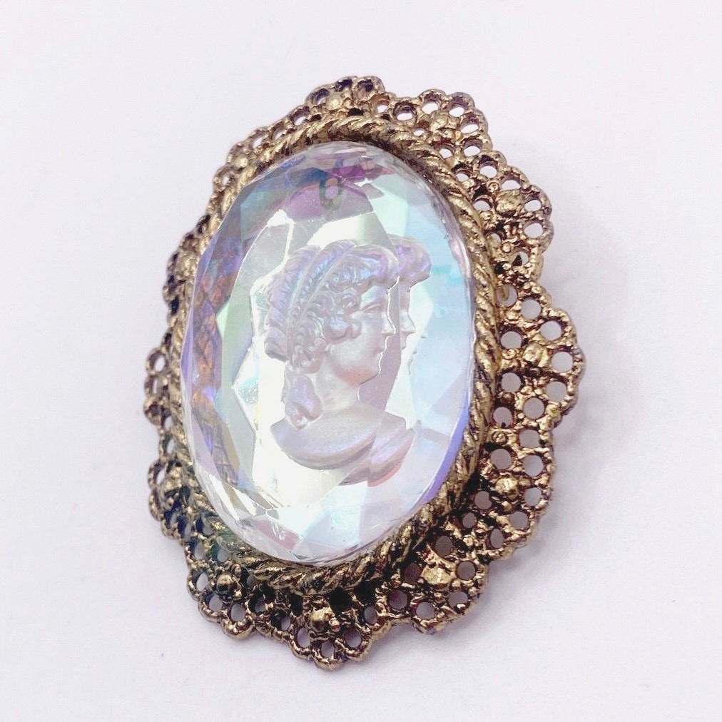 Vintage Brooch and Pendant Intaglio Glass Cameo Gold Tone Filigree Chrome 2”