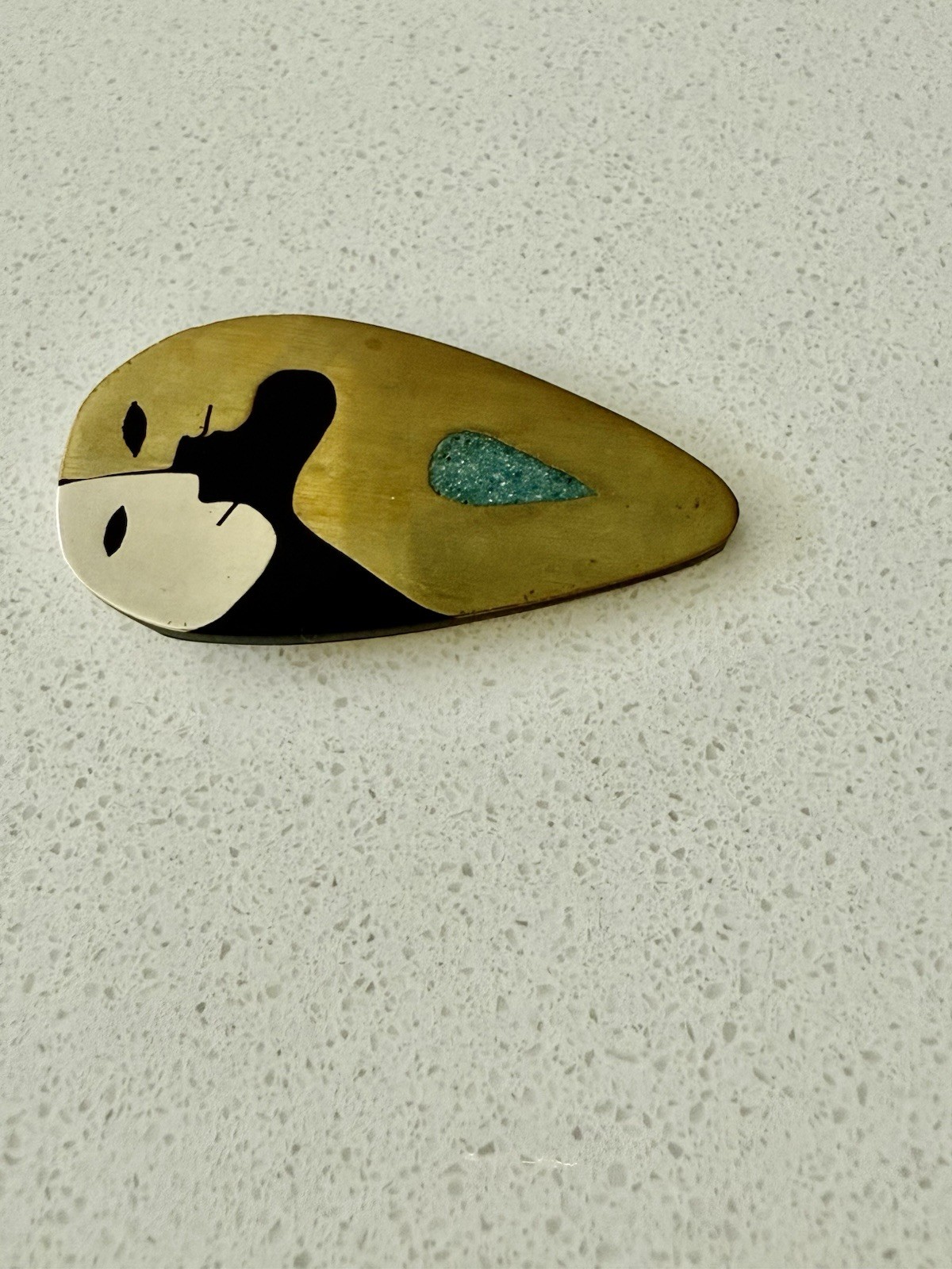 Vintage MCM Mexican Modernist Faces Mixed Metal Inlay Brooch Stella Popowski