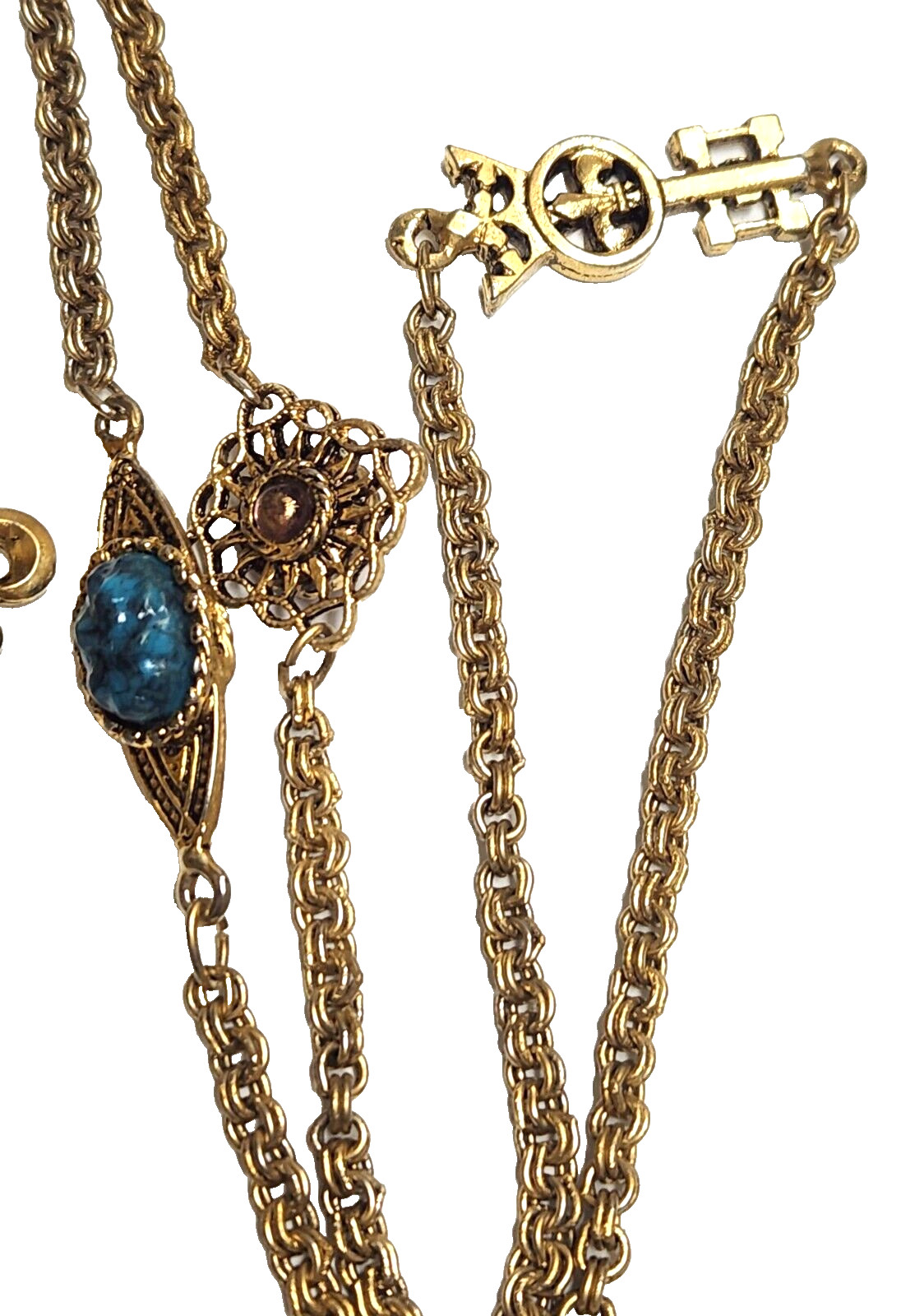 Vintage Unsigned Goldette Fluer de Lis, Faux Gemstone. Key Station Necklace 54″