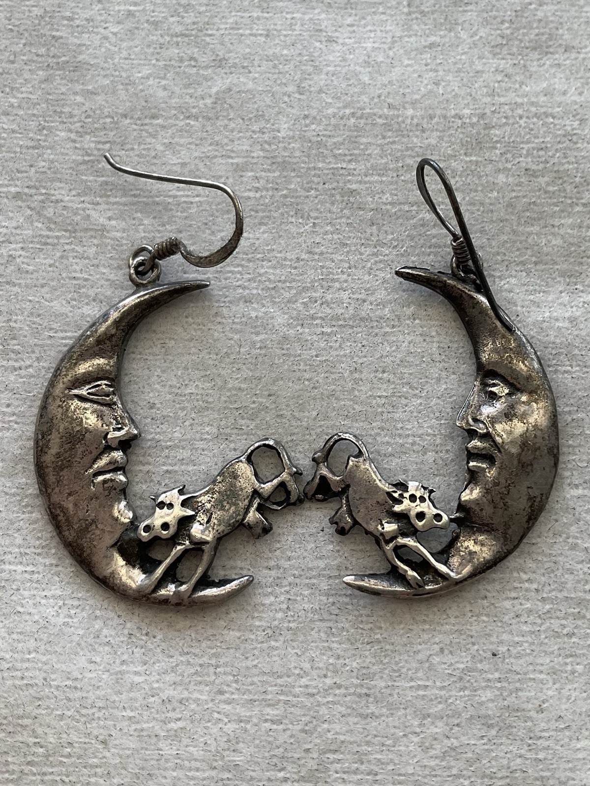 Vintage 925 Sterling Silver Moon Earrings With Jumping Cow Estate Jewelry