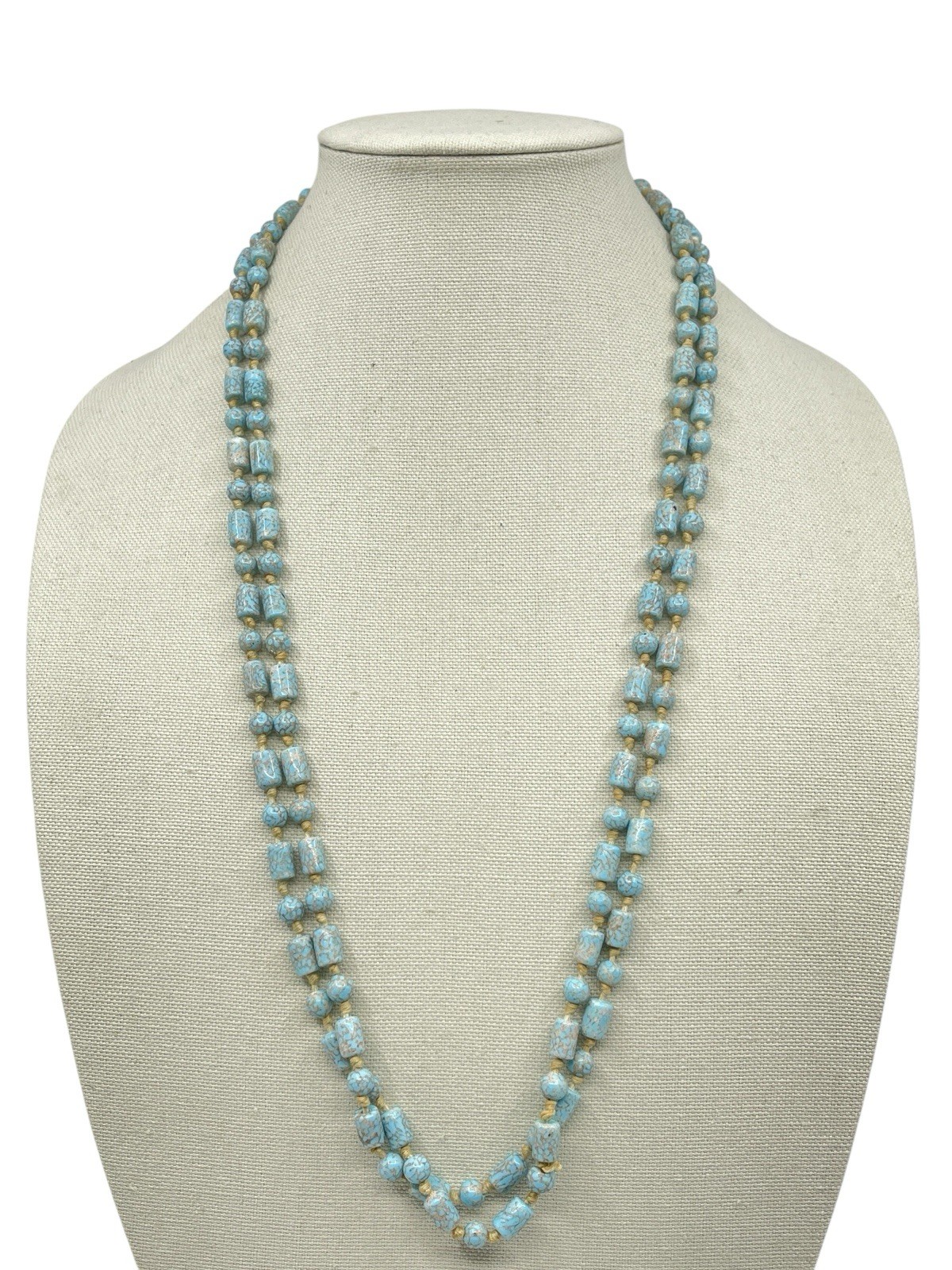 Long Antique Art Deco Circa 1920’s Robin’s Egg Blue Flapper Bead Necklace 60” L