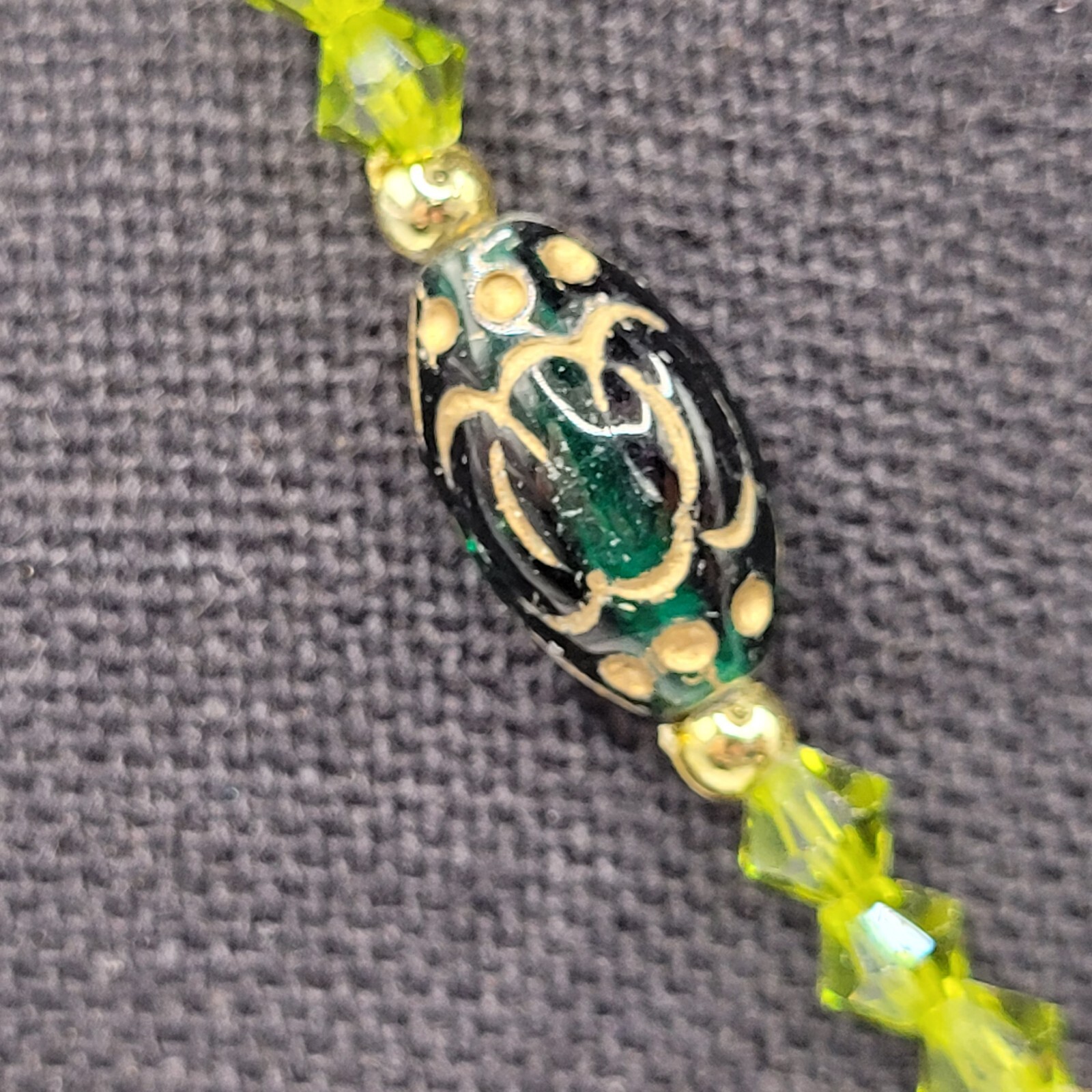 Green Art Glass Crystal Vintage Necklace Light & Dark Green Shades Gilded Beads