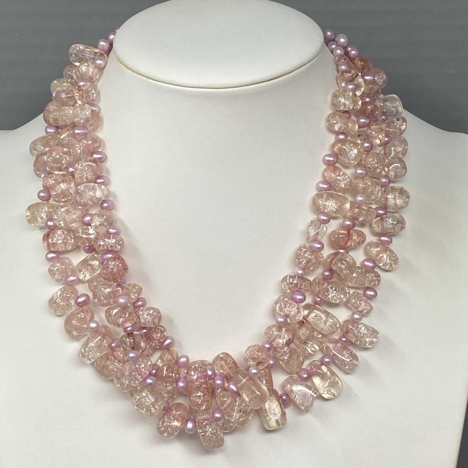 Glass Necklace Pink Crackled Baroque Teardrop Beads Fringe Layered AS IS 18″
