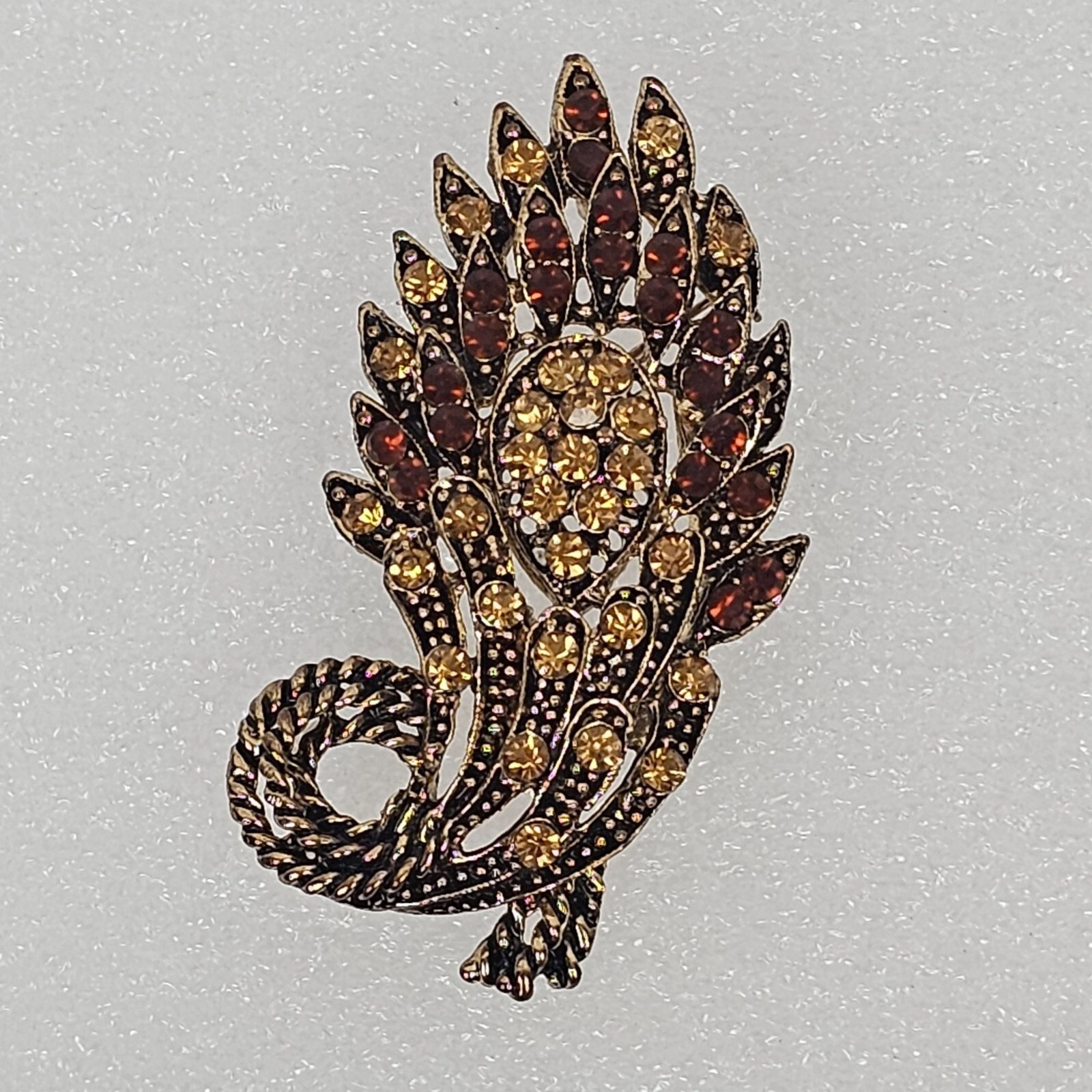 Vintage Yellow Brown Crystal Rhinestone Floral Big Brooch Pin Pendant Gold Tone