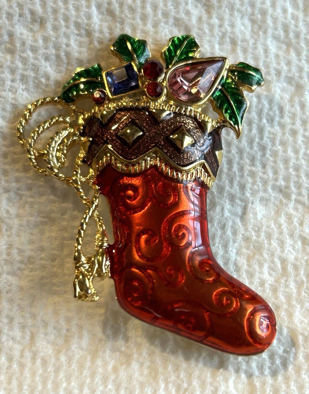 Christmas Brooch Christopher Radko Vintage Stocking Signed Designer Collectible